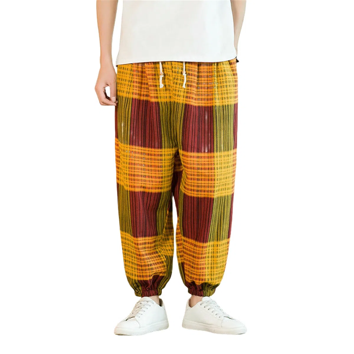 Pantaloni lunghi casual da uomo in stile cinese di estate alla moda con stampa a blocchi di colore allentati a cavallo basso in cotone e lino