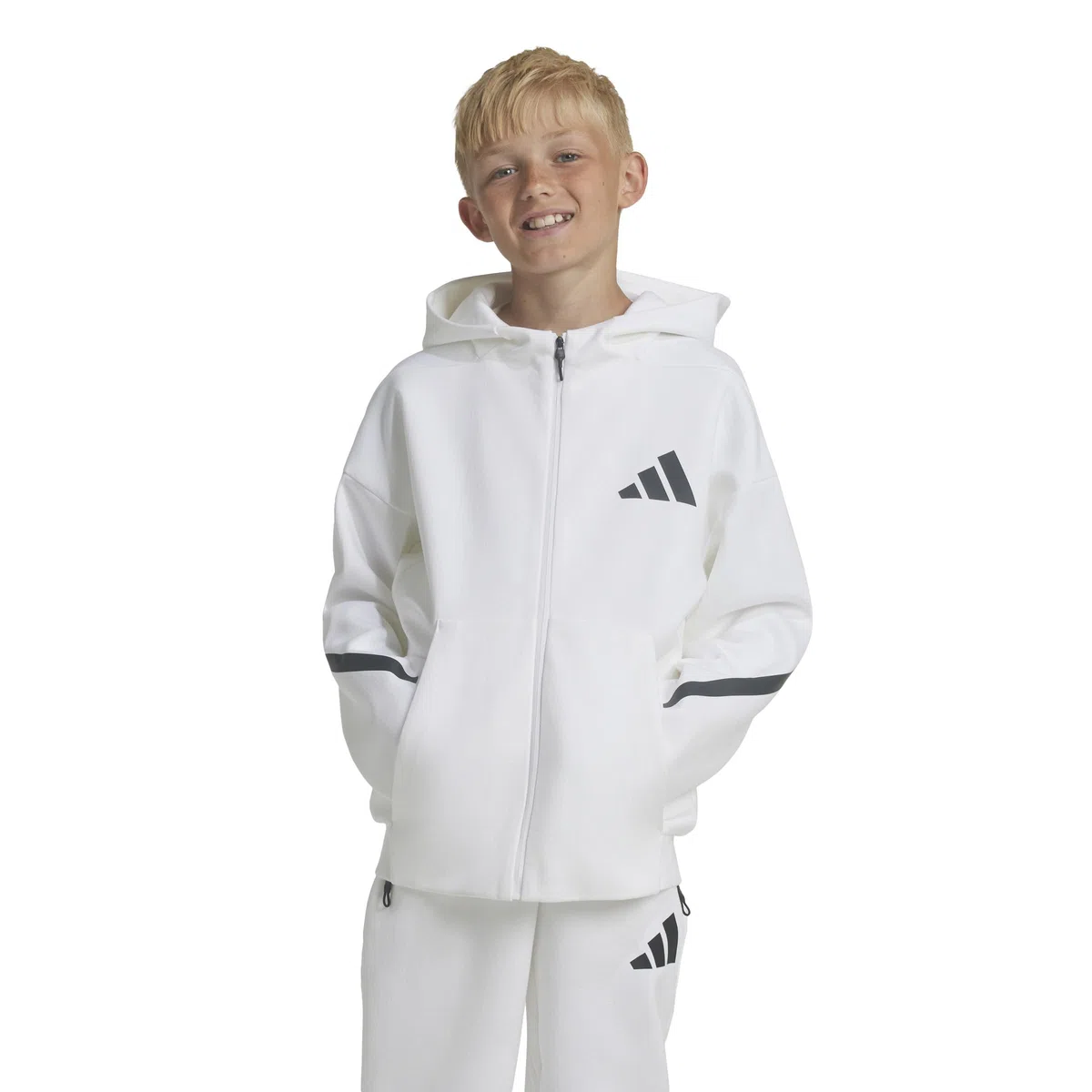 adidas Z.n.e. Felpa con cappuccio e zip intera, per bambini, bianco/nero, L, bianco/nero, L