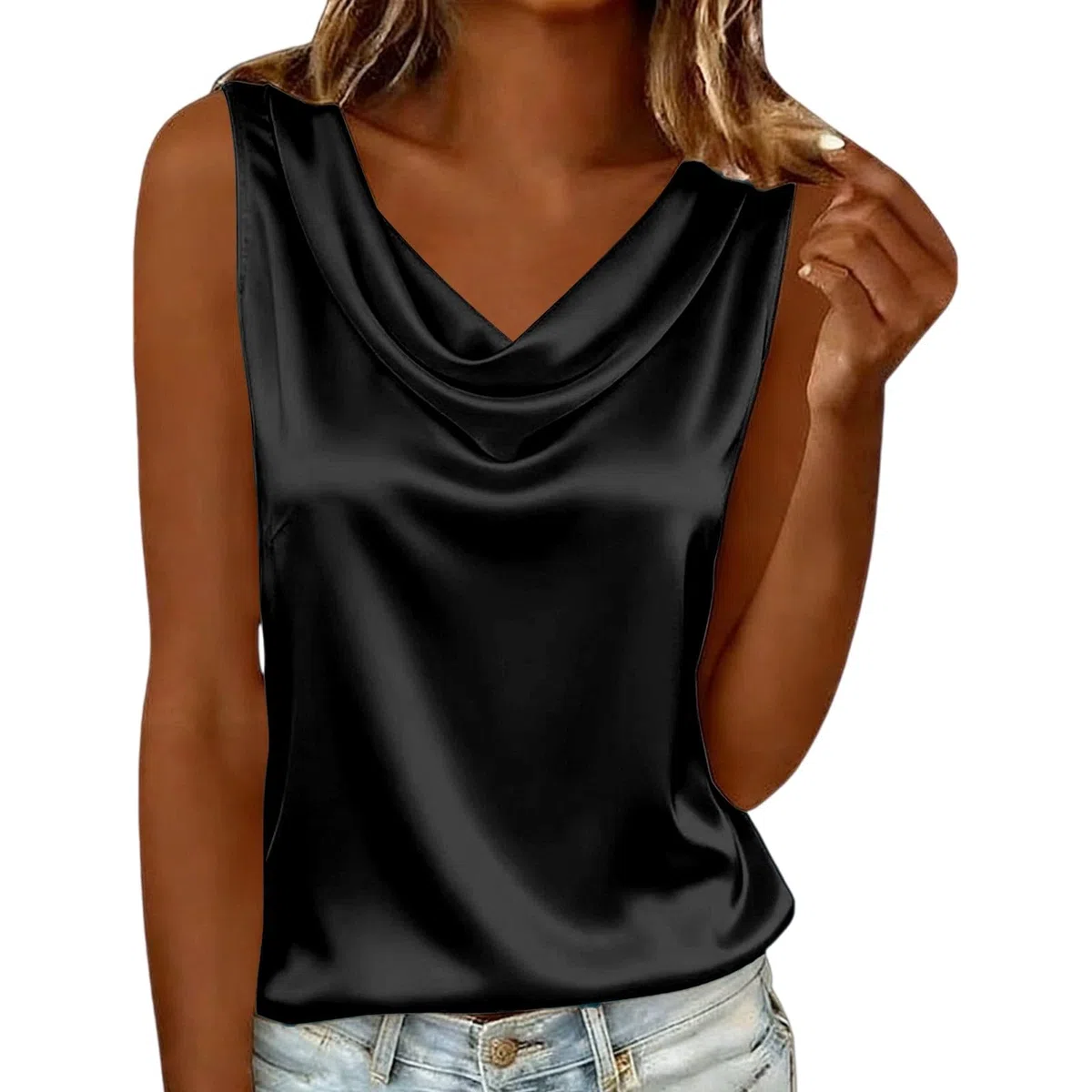 Blusa Donna Estiva Smanicata in Raso-Camicie Scollo A V Bianca Sottogiacca Elegante Seta Maglia Classica Tunica Basic T-Shirt Oversize Leggera Inter Camicia Lucida Tunica