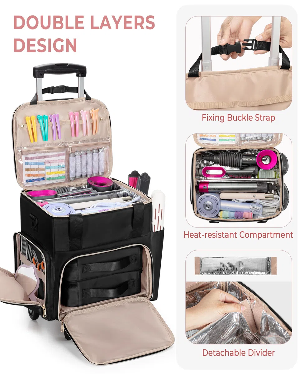 Borsa Trolley da Viaggio per Parrucchieri, Borsa Porta-Attrezzi con 2 Pochette Rimovibili e Strato Termoisolante, Valigia su Ruote per Cosmetica e Make-up, Nero