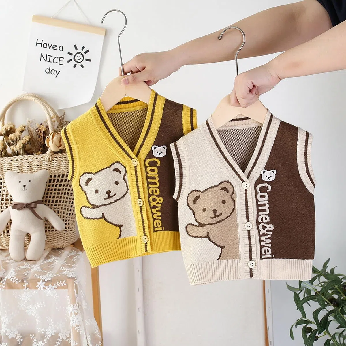 Gilet a Maglia Bambini con Bottoni Gilet Abbottonato per Bimbi Cardigan con Scollo a V Stampa Orso Carino Unisex 6 Mesi-5 Anni Autunno Primavera