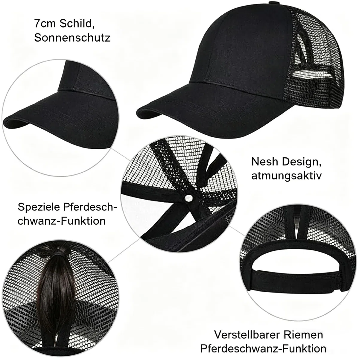 Cappellino da baseball da donna con foro per coda di cavallo, traspirante, per estate, sport e tennis, berretto regolabile con foro a treccia