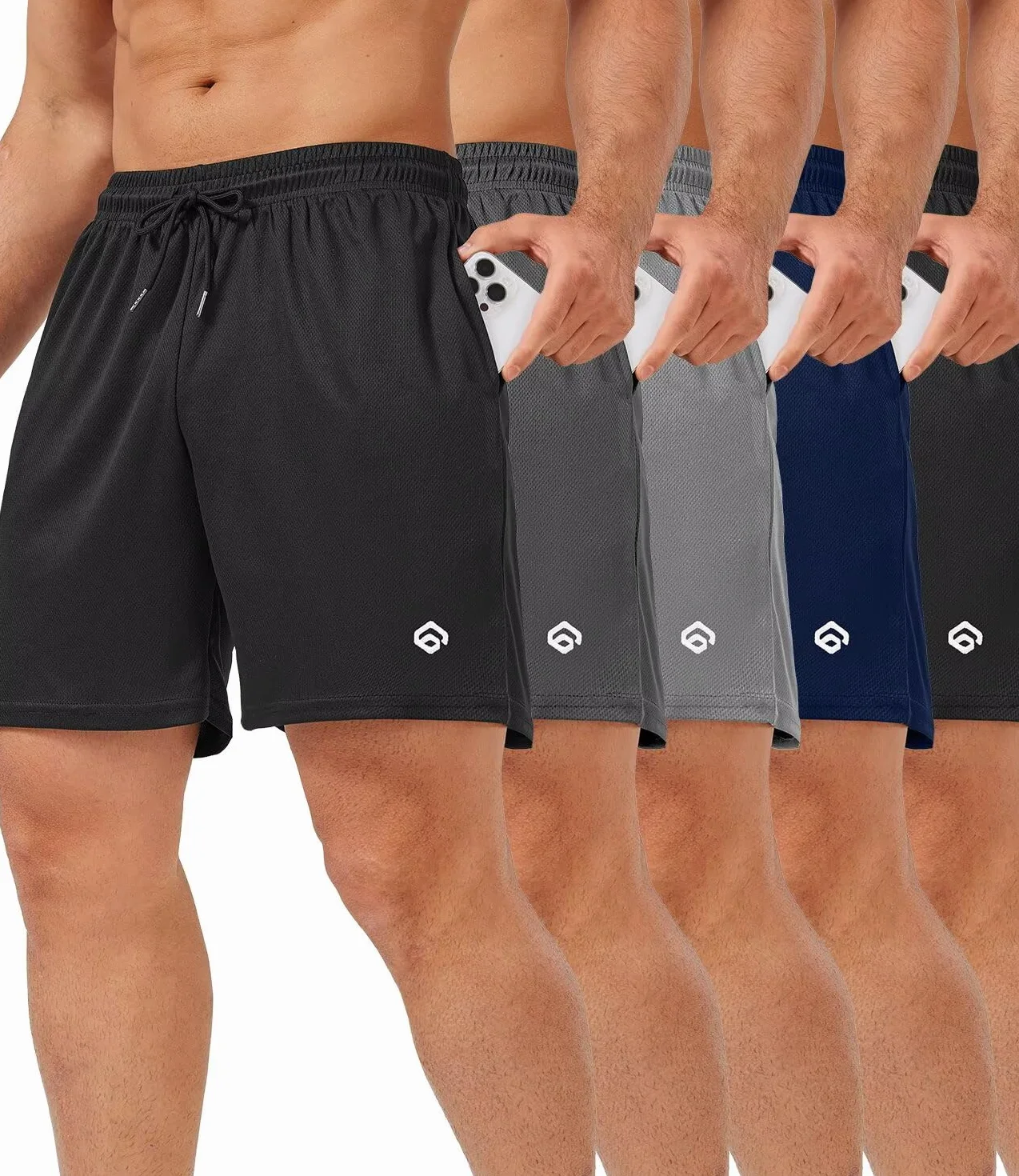 lomsoe Confezione da 5 pantaloncini sportivi da uomo da 12,7 cm, pantaloncini da corsa in rete ad asciugatura rapida, leggeri, da palestra con tasche, Nero, nero, grigio scuro, blu navy, grigio chiaro