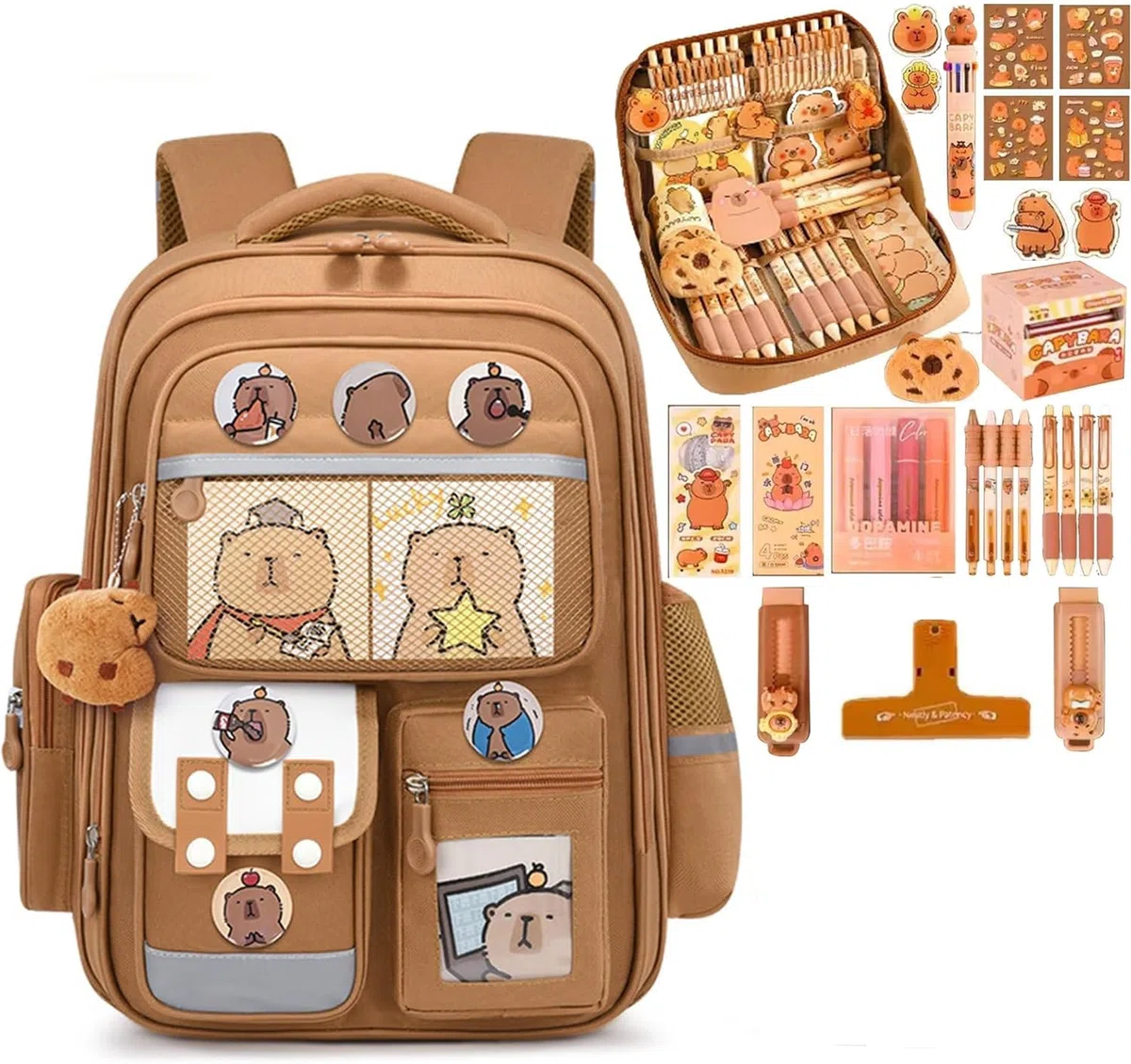 Zaino per Bambini Capibara, Zaino Capybara Kawaii per Bambine e Bambini, Borsa Scolastica Capybara con Set di Cancelleria, Regalo per Adolescenti e Studenti