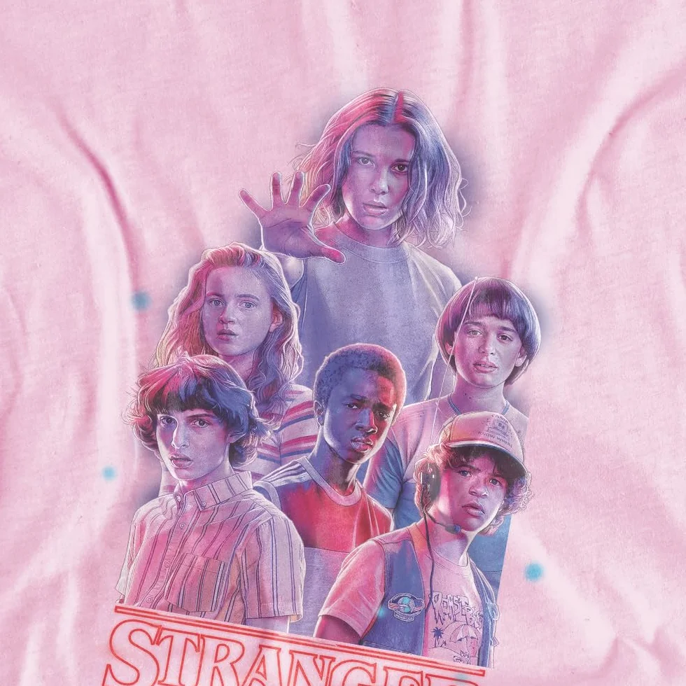 Stranger Things Pink Glow Group Kids T Shirt, Pink