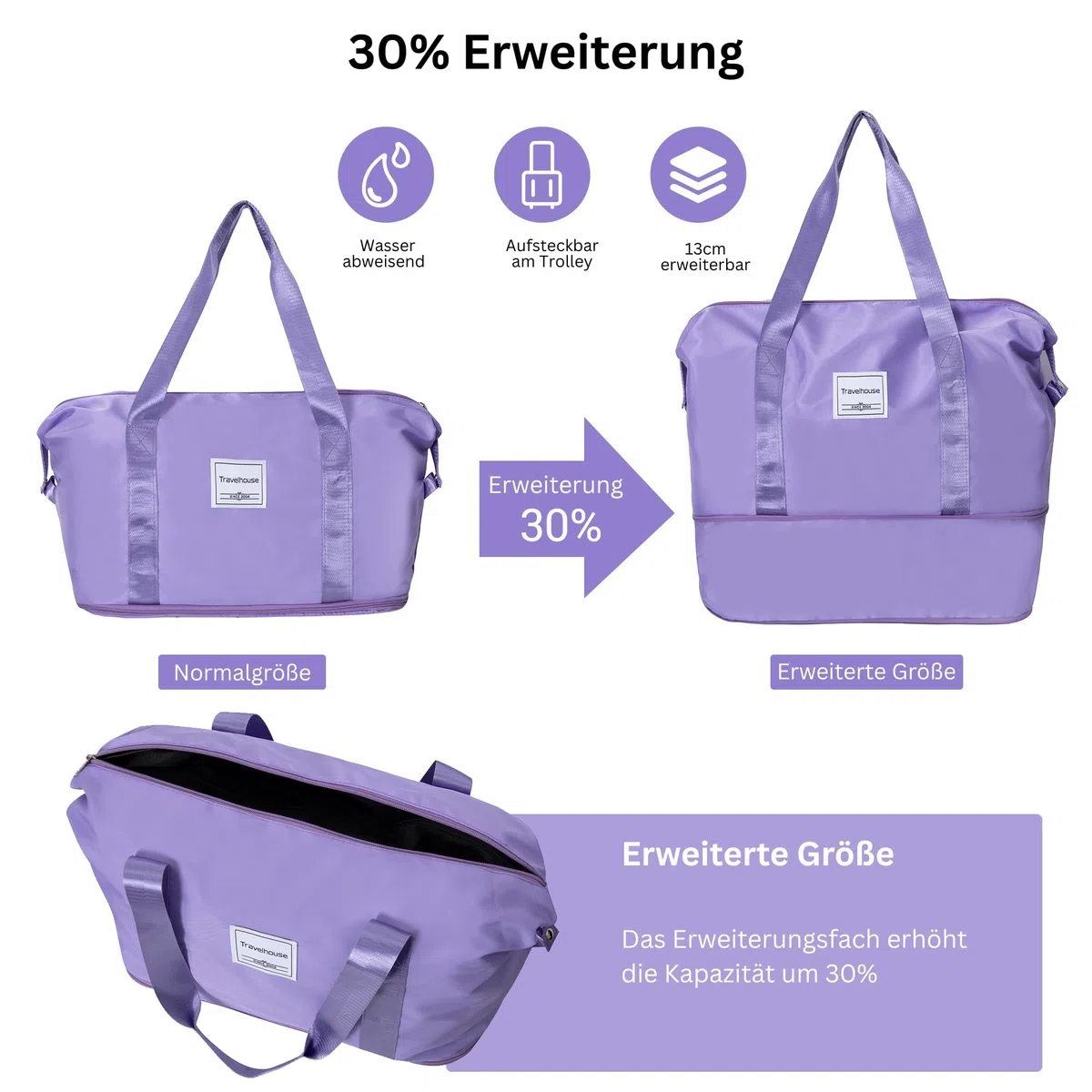 Travelhouse Ascona - Set di 5 bagagli, valigetta con ruote, policarbonato + custodia rigida ABS, borsa da viaggio e beauty case, set di bagagli a mano, viola/lilla, 77x30x53 cm, Set di valigie