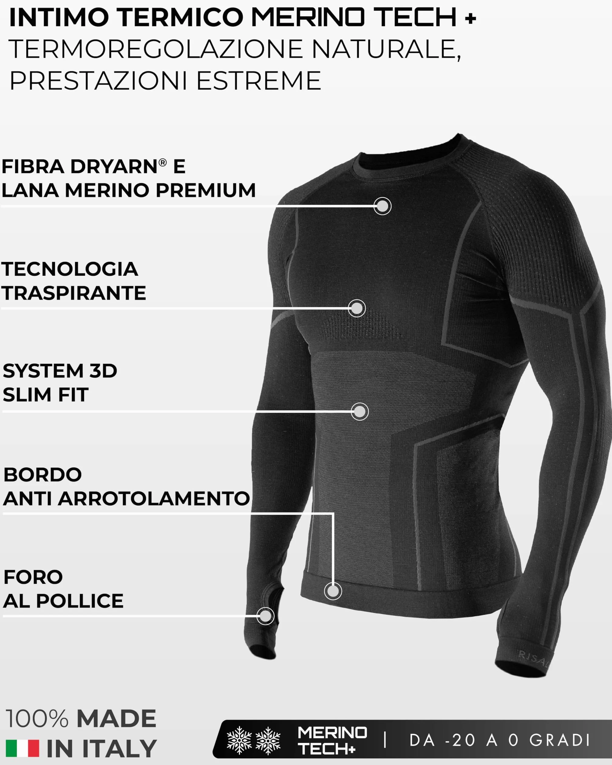 Risalti Maglia Termica Uomo Manica Lunga Merino Tech - Maglie Termiche Uomo a Compressione in Lana Merino, Intimo Termico Uomo Invernale, Termica Uomo Senza Cuciture - Made in Italy