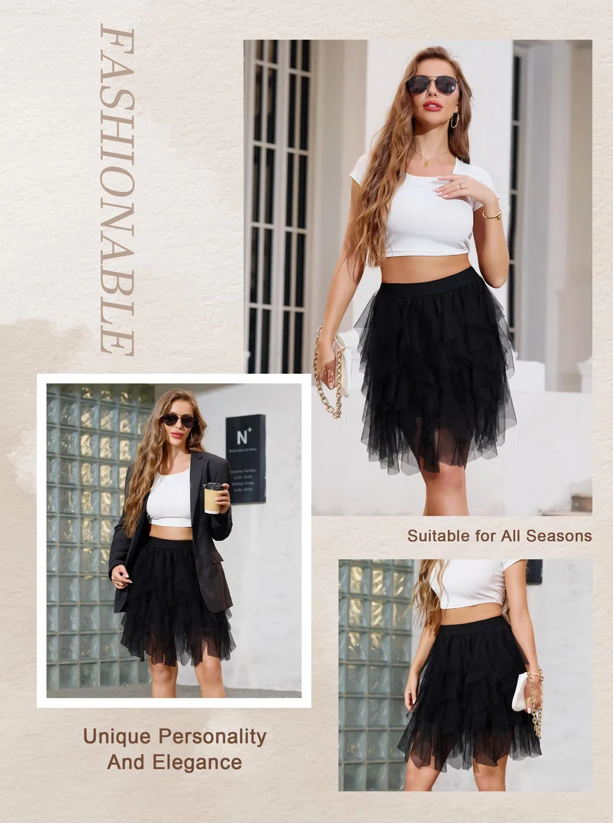 Wikoan Gonna in Tulle Trasparente da Donna Abito Asimmetrico alla Moda con Fodera Gonna a Pieghe Stile Principessa