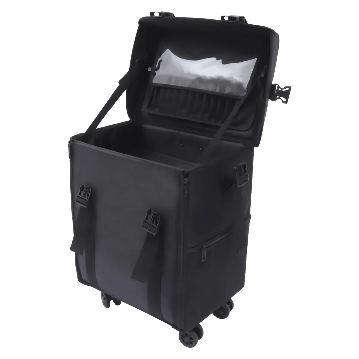Valigetta cosmetica 2 in 1, per trucchi, colore nero, grande valigetta da parrucchiere con 8 cassetti, ruote professionali