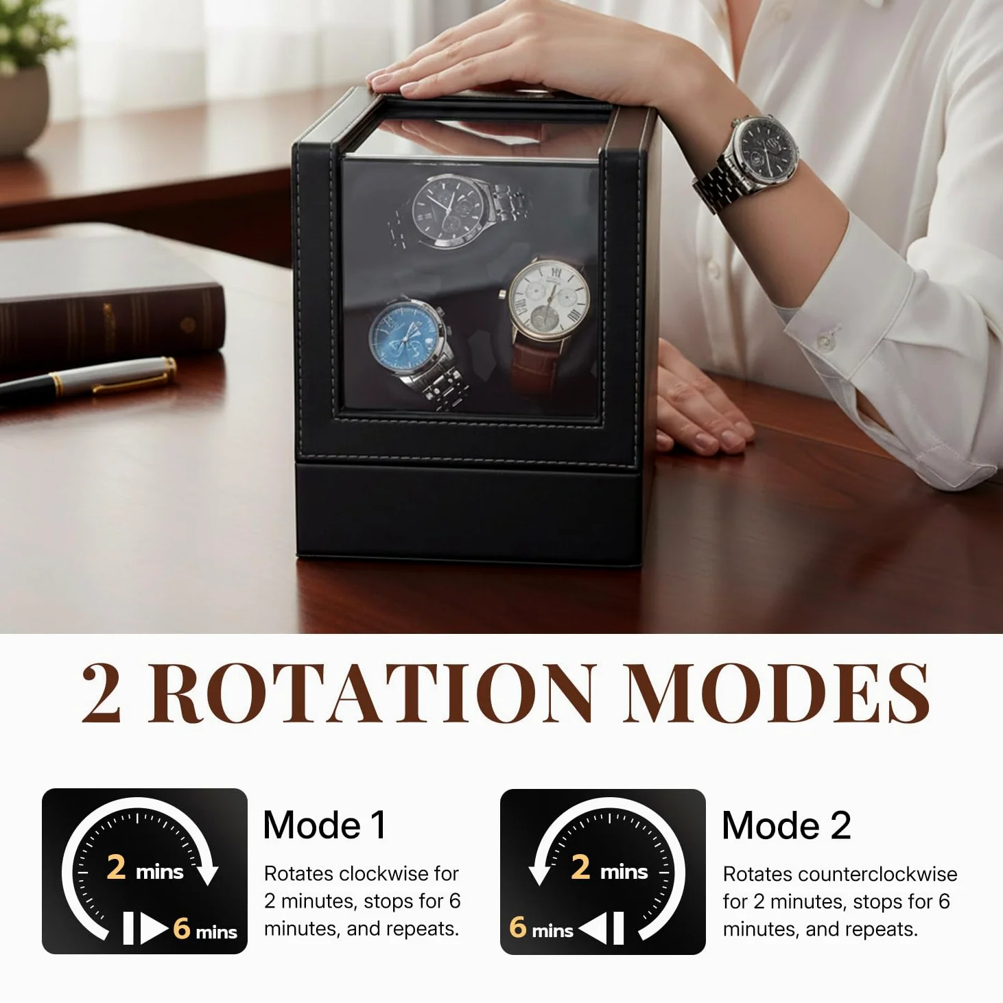 Mcbazel Remontoir Automatico per Orologi - Scatola in Pelle, Motore Silenzioso, 2 Modalità di Rotazione, Scatola Espositiva per Collezione di Orologi