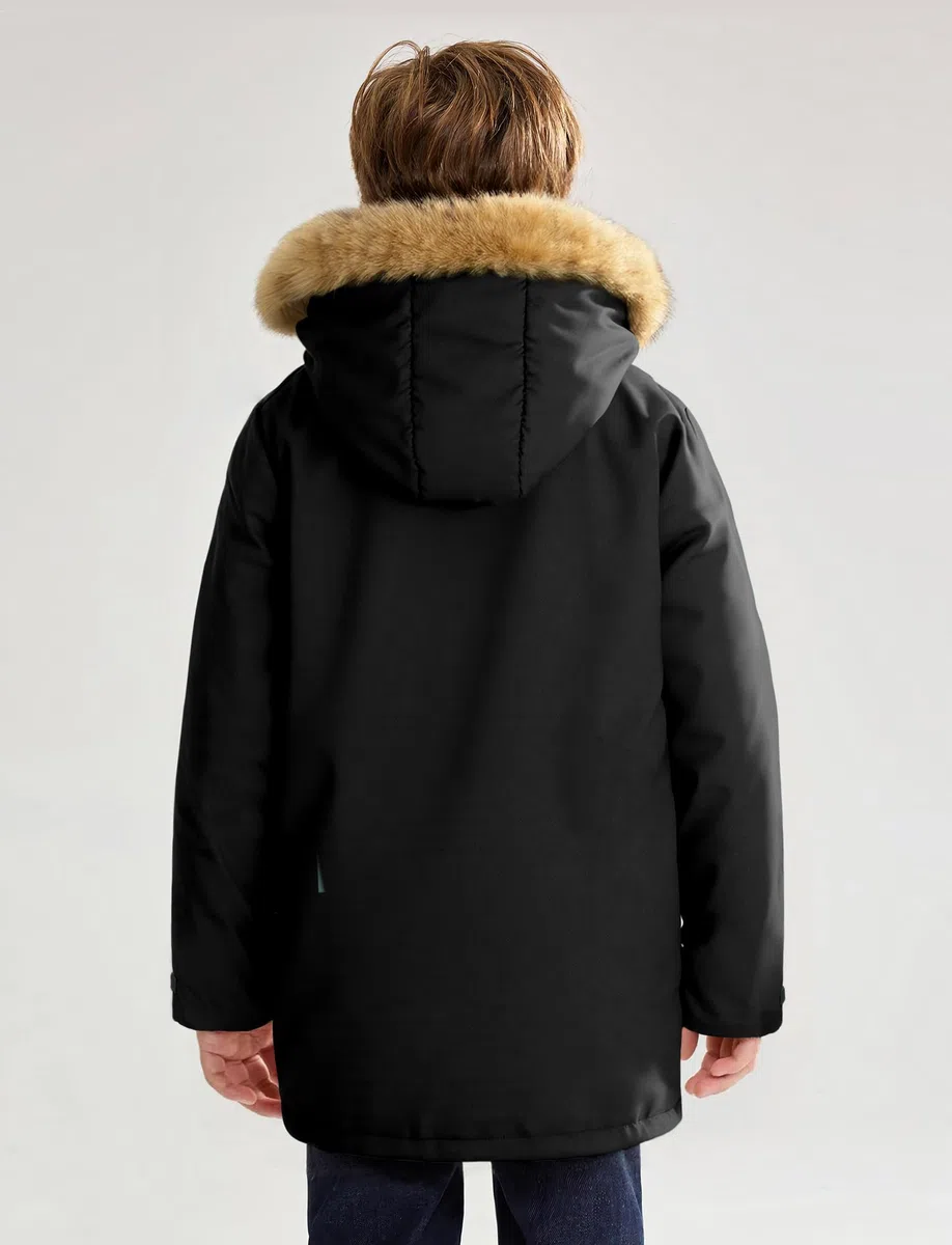 SEAUR Parka in tinta unita per bambini, con cappuccio, cappotto invernale comodo, spesso, antivento, abbigliamento per ragazzi, caldo, casual, 5-14 anni