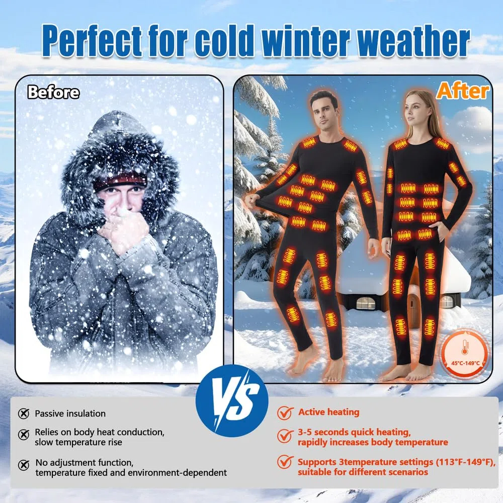 Biancheria intima unisex riscaldata,Zona 26 Top termico riscaldato, pantaloni con 16 zone,Interfaccia di alimentazione USB/DC,3 impostazioni di temperatura, adatta per campeggio ed escursionismo