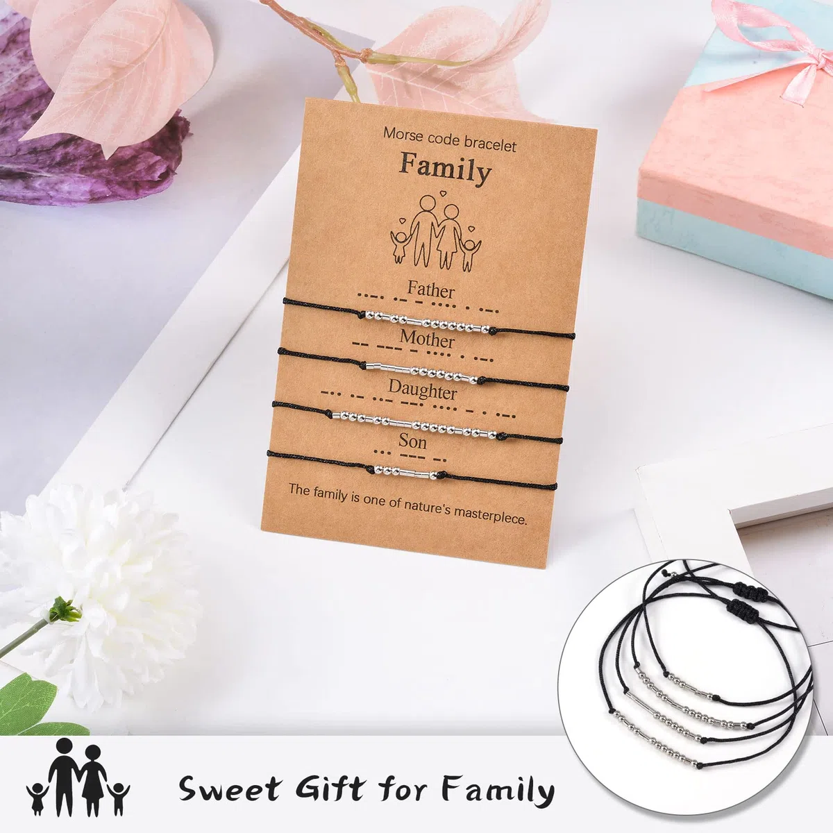 VU100 2/3/4 Codice Morse Bracciale Set Regalo Festa del Papà Regalo Gioielli Fatti A Mano Formato Regolabile Fatto A Mano per Papà Mamma Figlio Figlia Famiglia