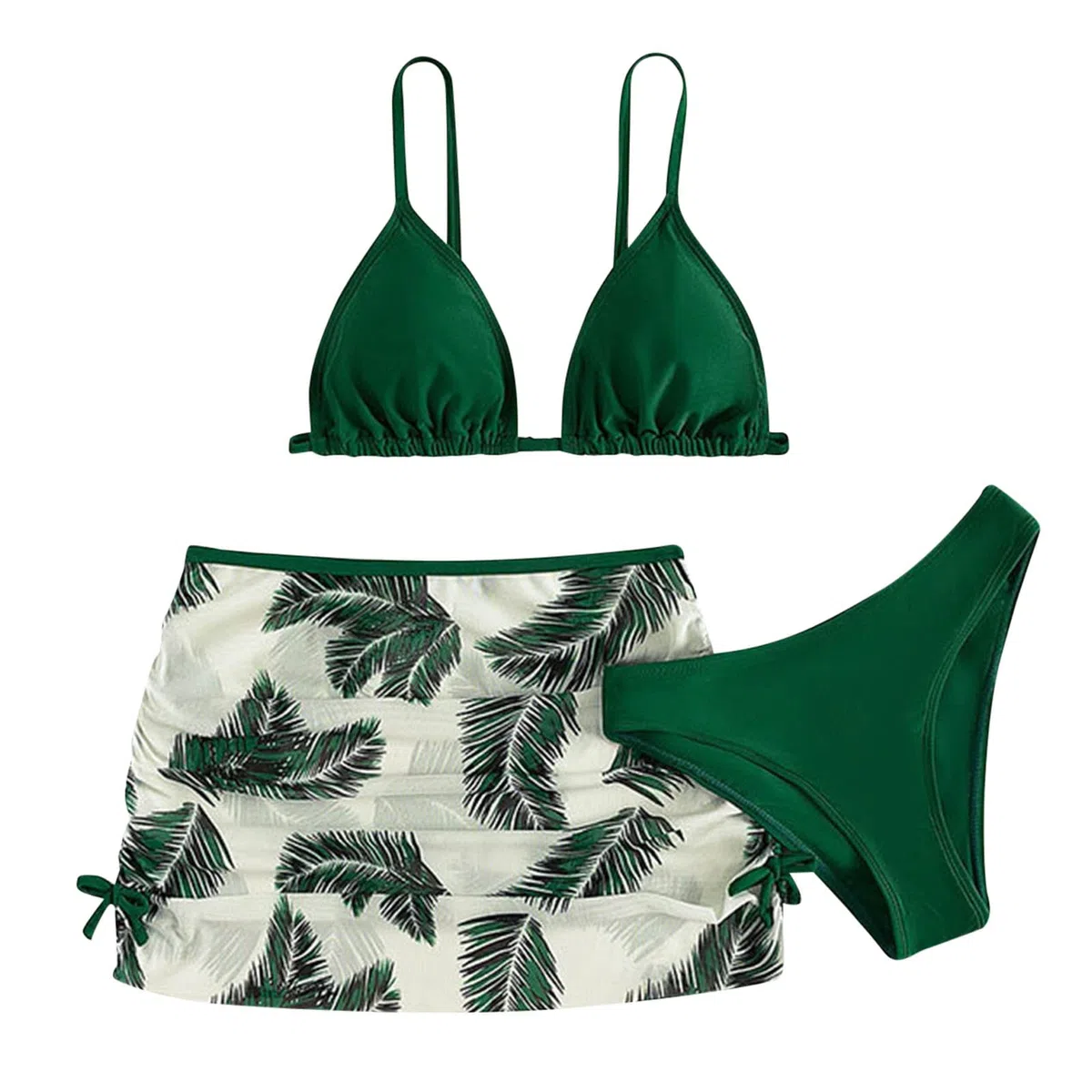 Costume da bagno a triangolo per ragazze, 3 pezzi, colore tinta unita, con gonna tropicale in rete, con spalline sottili