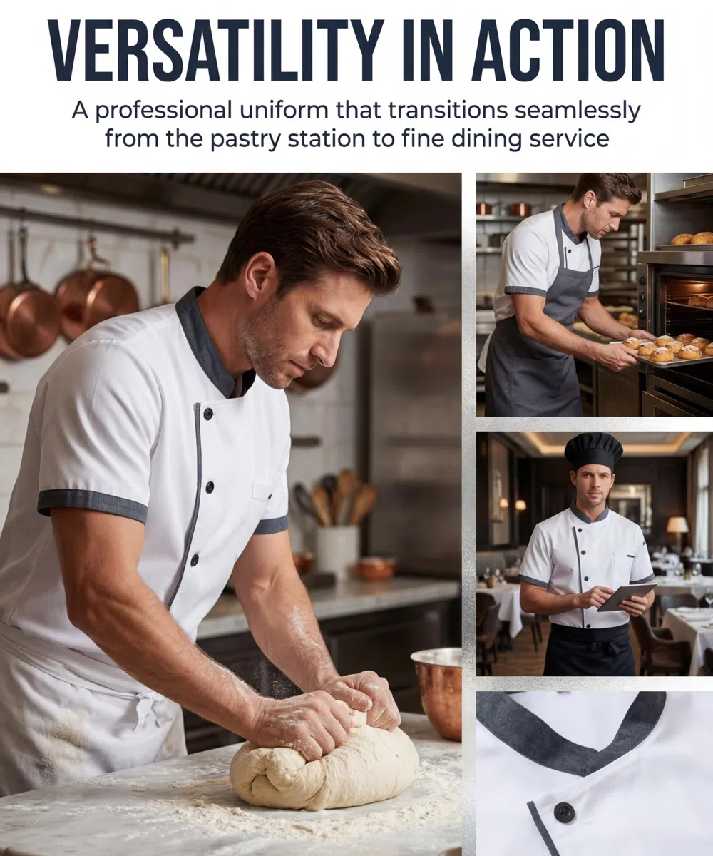 Giacca da Cuoco da Uomo in Cotone Traspirante Ristorante Divisa Maniche Corte Leggera Uniforme Cuoco Professionale Ristorante Giacca per Hotel Panetteria
