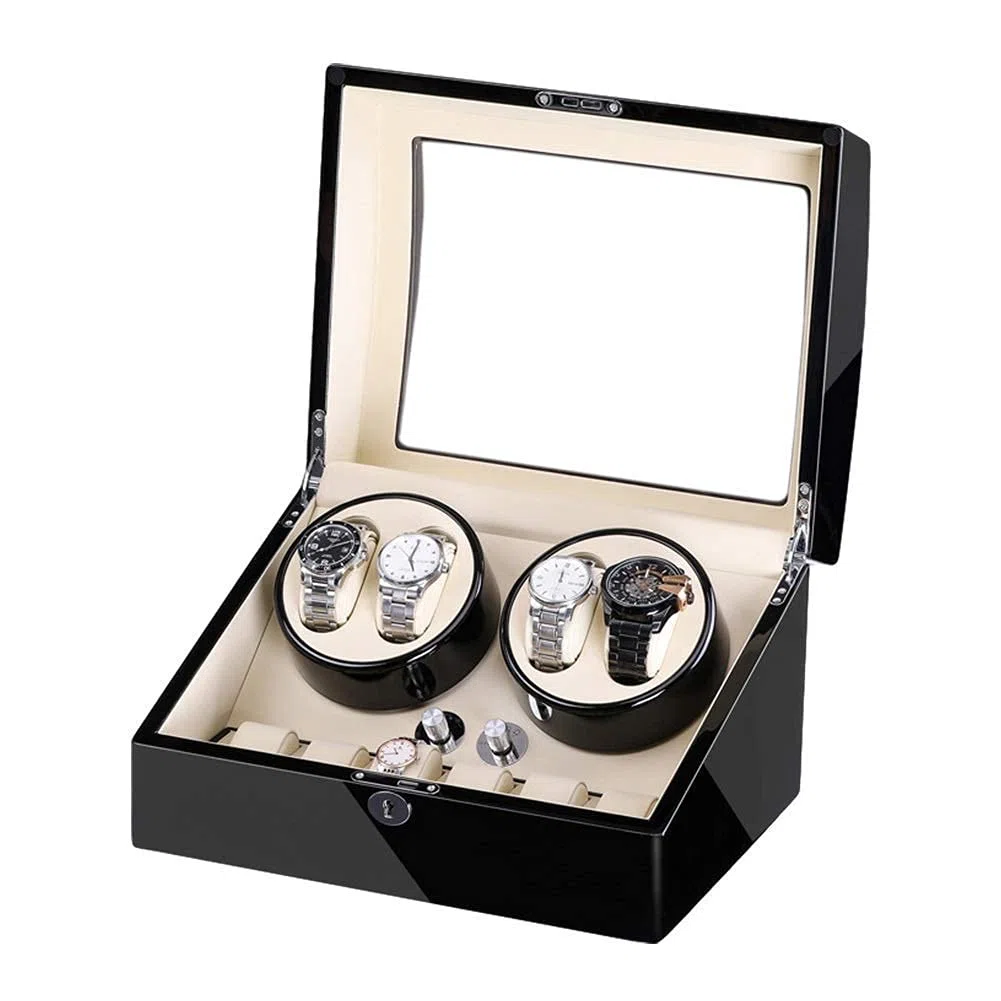 Caricatore Automatico per Orologi, per 4 Orologi + 6 Scomparti, Motore Silenzioso, verniciatura Esterna Effetto Pianoforte, Adattatore e Alimentazione a Batteria.