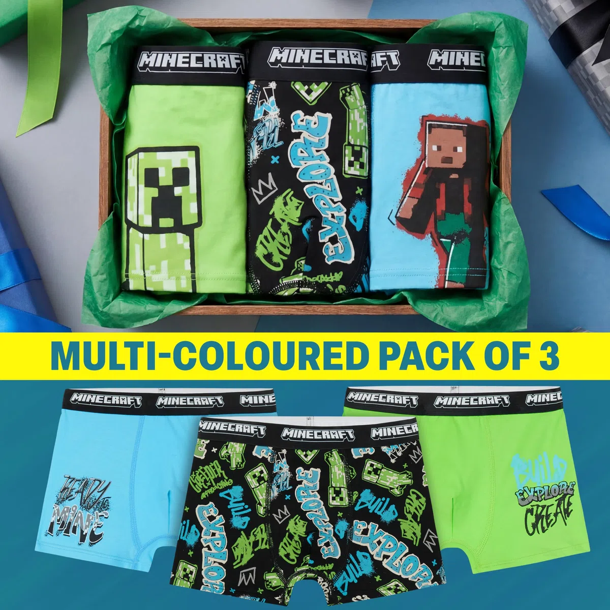 Get Trend - Minecraft 3 Pezzi Boxer Bambino e Ragazzo 7-14 Anni, Mutande Intimo, Elastico in Vita e Traspirante, Creeper Regalo Bambino