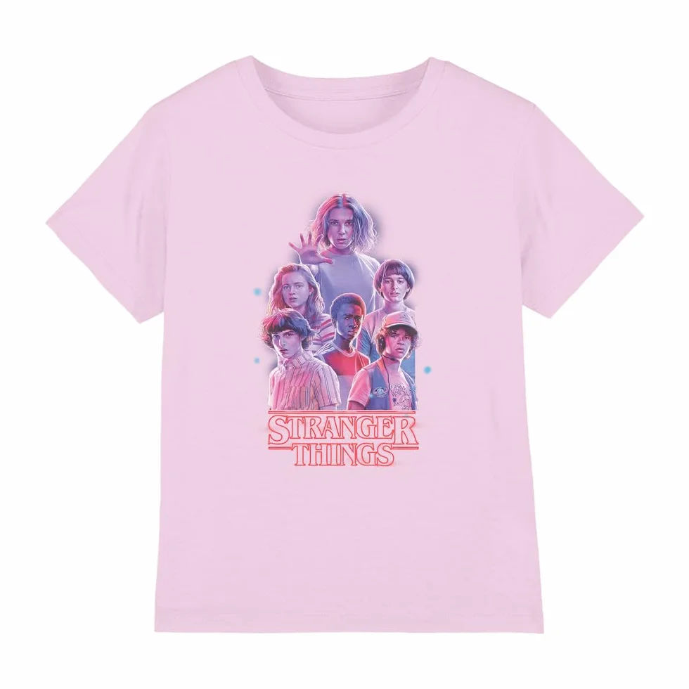 Stranger Things Pink Glow Group Kids T Shirt, Pink