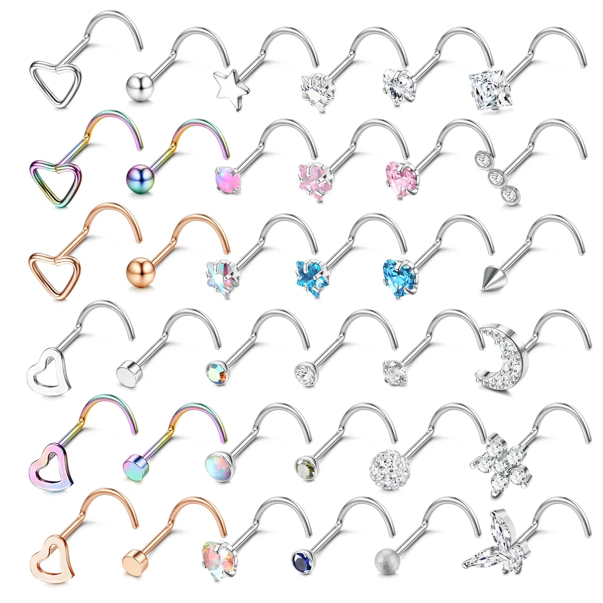 LOLIAS 20G Piercing Naso Acciaio Chirurgico Donna Uomo Nose Stud Ring Screw Piercing Naso Diamond CZ Brillantino Nostril Piercing Argento