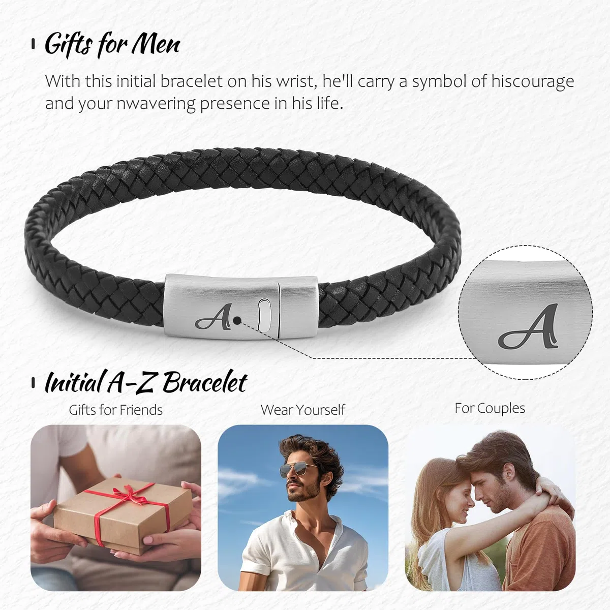 Bracciale da uomo in pelle con iniziali A-Z, braccialetto in pelle intrecciata con chiusura magnetica in acciaio inossidabile inciso, Cofanetto Gioielli Esclusivo