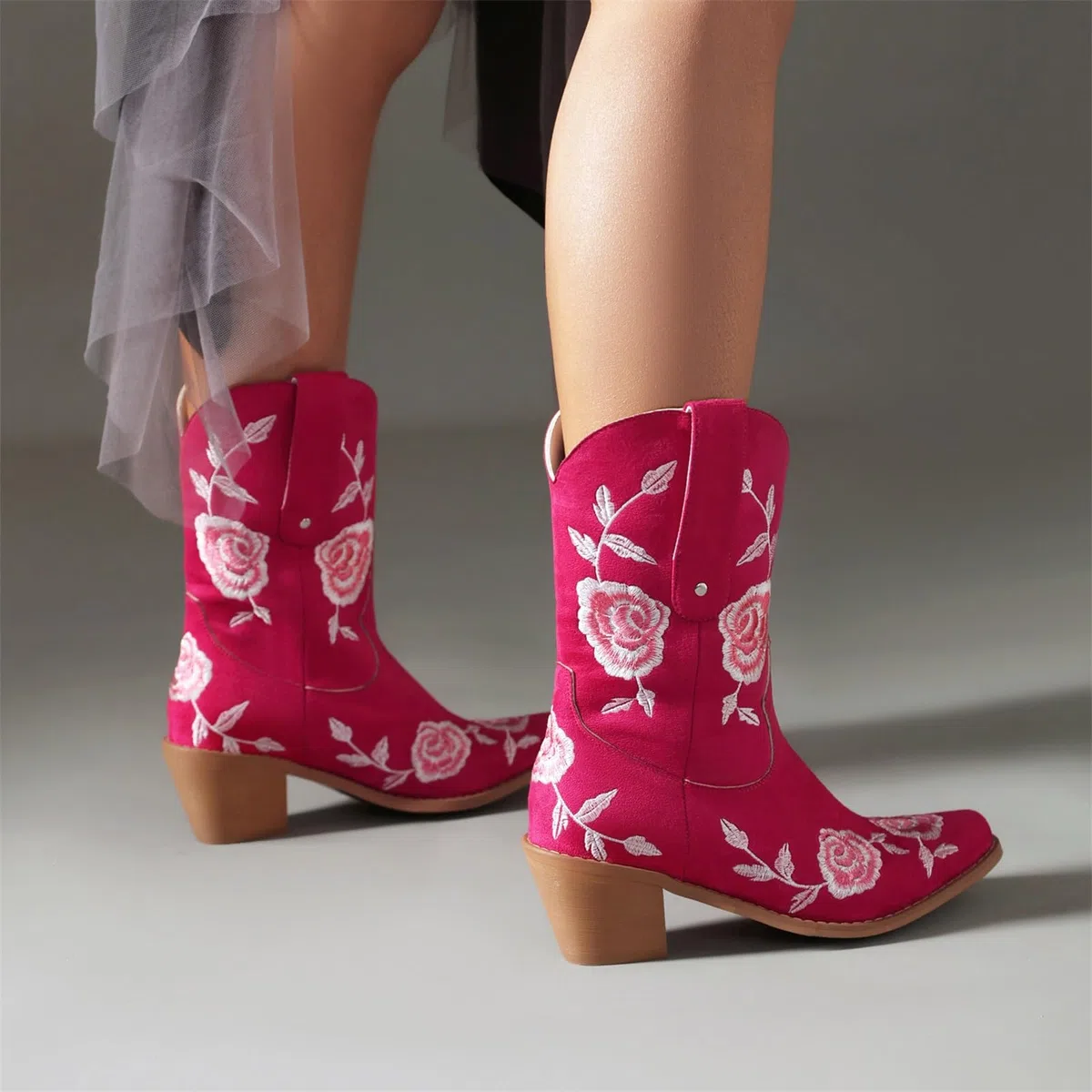 MEECHI Stivali Corti con Ricami Floreali Boots da Cowboy Western da Donna Stivaletti retrò con Tacco A Blocco Scarpe alla Caviglia con Punta Quadrata for Feste, Country, Concerti