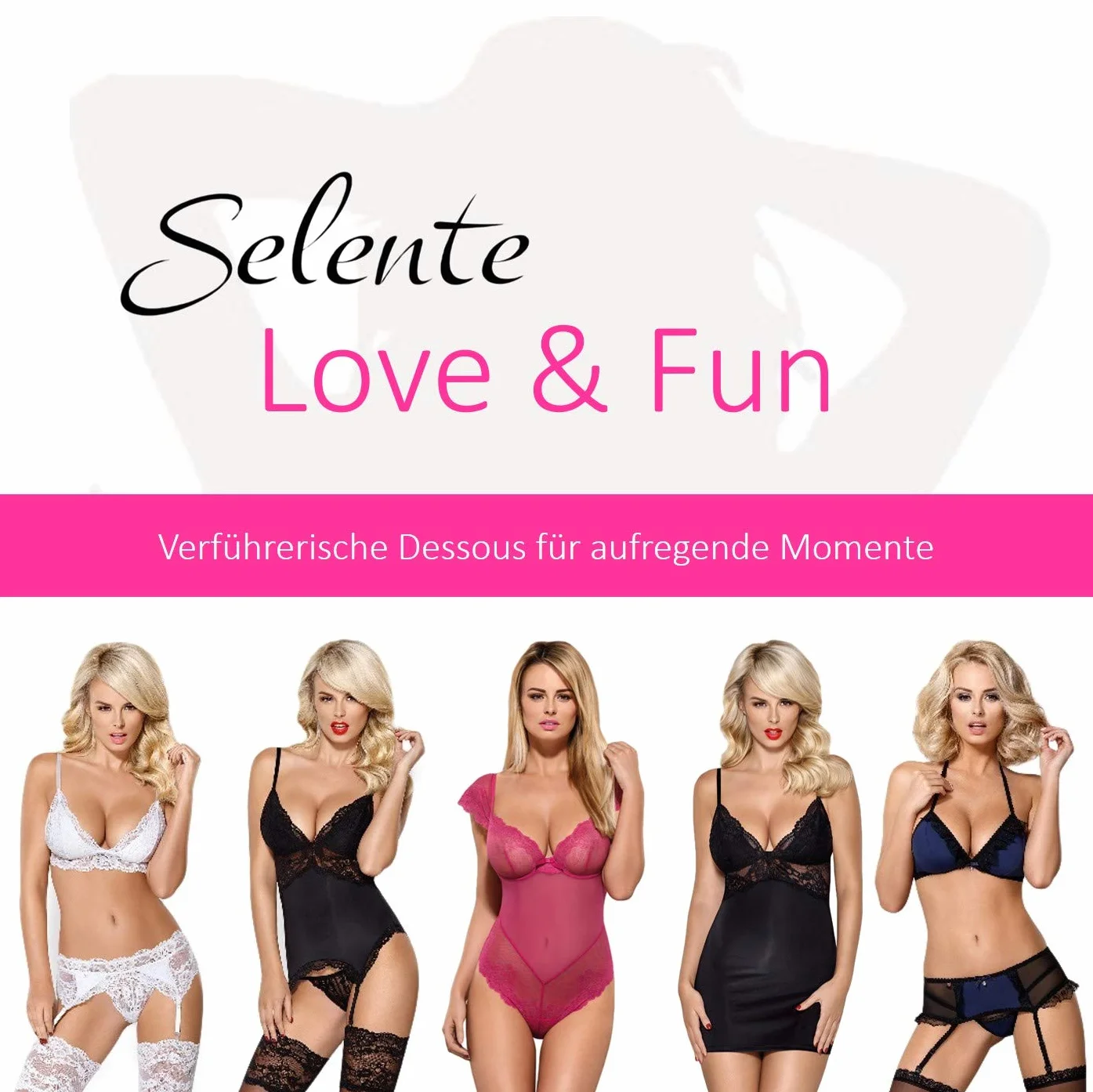 Selente Love & Fun Malizioso Completo Intimo a 3 o 4 Pezzi: Reggiseno, (Reggicalze), Tanga ed Esclusiva Benda per Occhi in Raso. Made in EU.