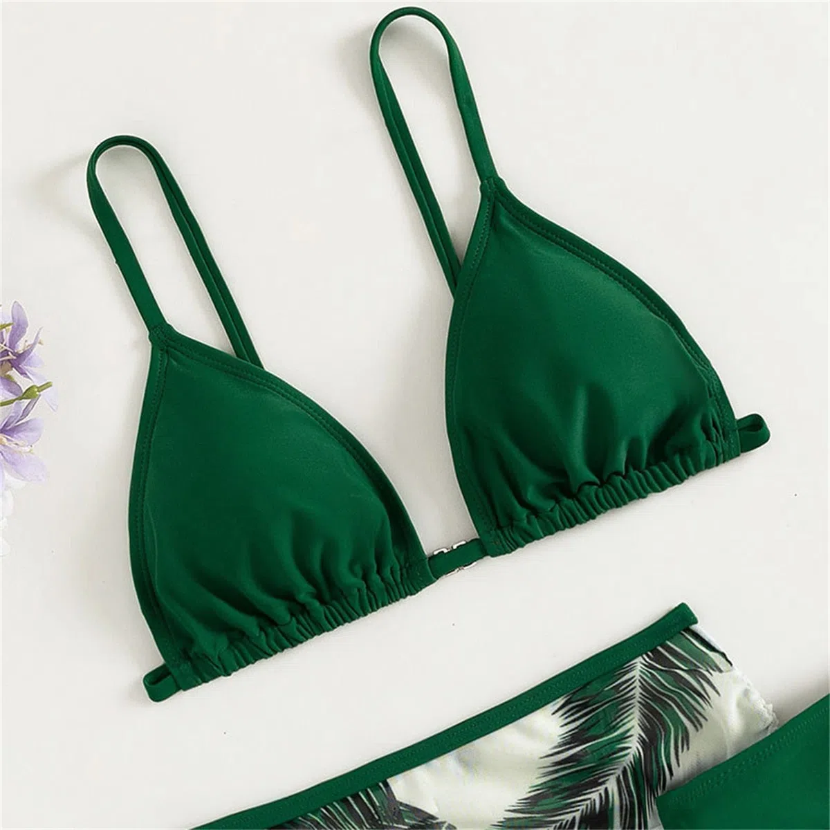 Costume da bagno a triangolo per ragazze, 3 pezzi, colore tinta unita, con gonna tropicale in rete, con spalline sottili