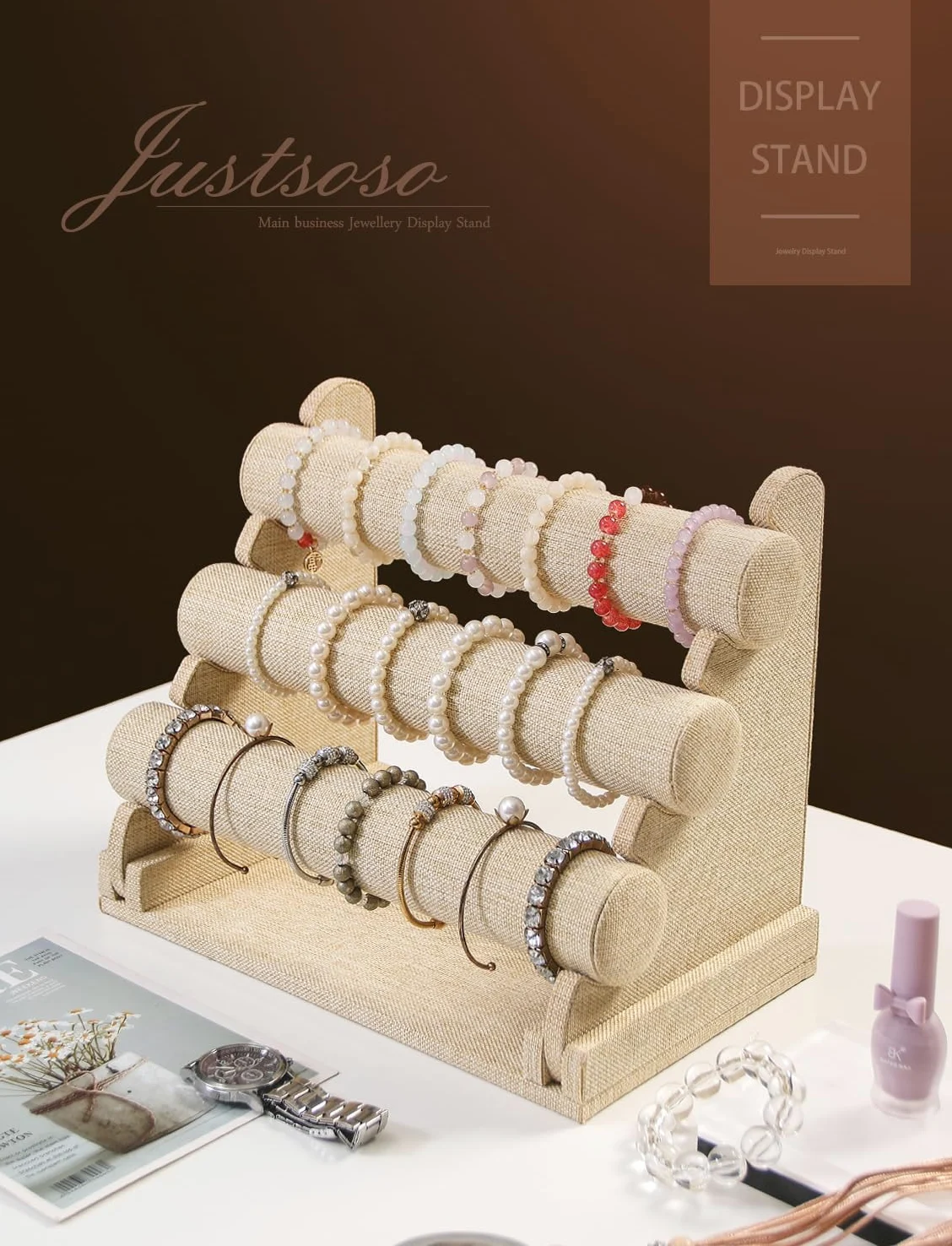 Supporto staccabile a 3 ripiani, espositore per braccialetti e gioielli, espositore per negozi e orologi, organizer per la casa o il negozio (lino giallo)