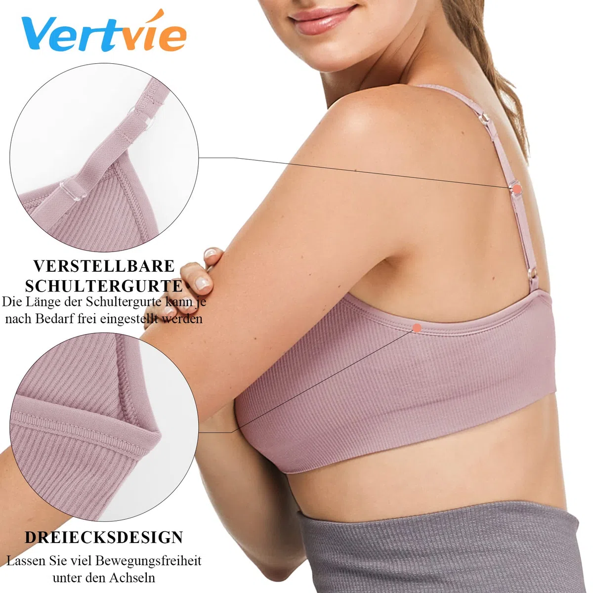 Vertvie - Reggiseno sportivo da donna, 2/3/4 pezzi, senza ferretto, imbottito senza cuciture, reggiseno a basso supporto nero/bianco/grigio chiaro/viola. XL