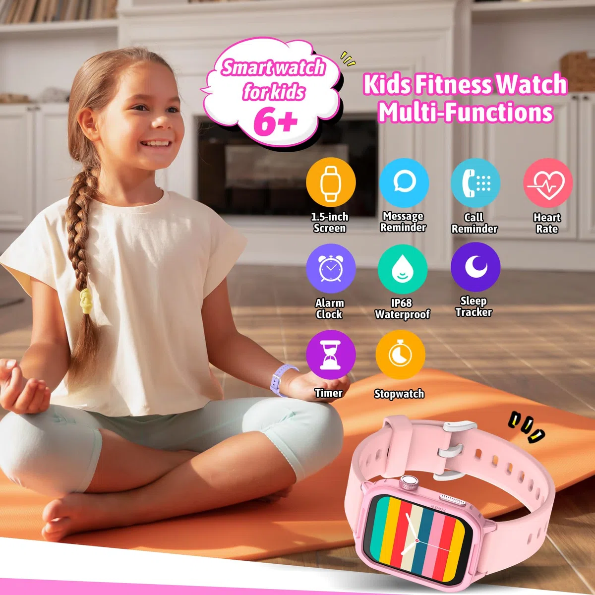 JOYELE Smartwatch Bambini, Fitness Tracker Orologio Bambina, Impermeabile Orologio Ragazza e Ragazzo con 19 Sportive, Contapassi, Sveglia, Orologio Intelligente per Bambini 3-16 Anni Regalo (Rosa)