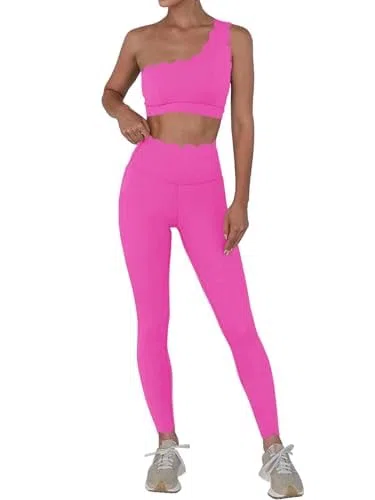 Fisoew Set da allenamento da donna, 2 pezzi, leggings a vita alta con reggiseno sportivo elastico monospalla tute da palestra, Rosa, Large