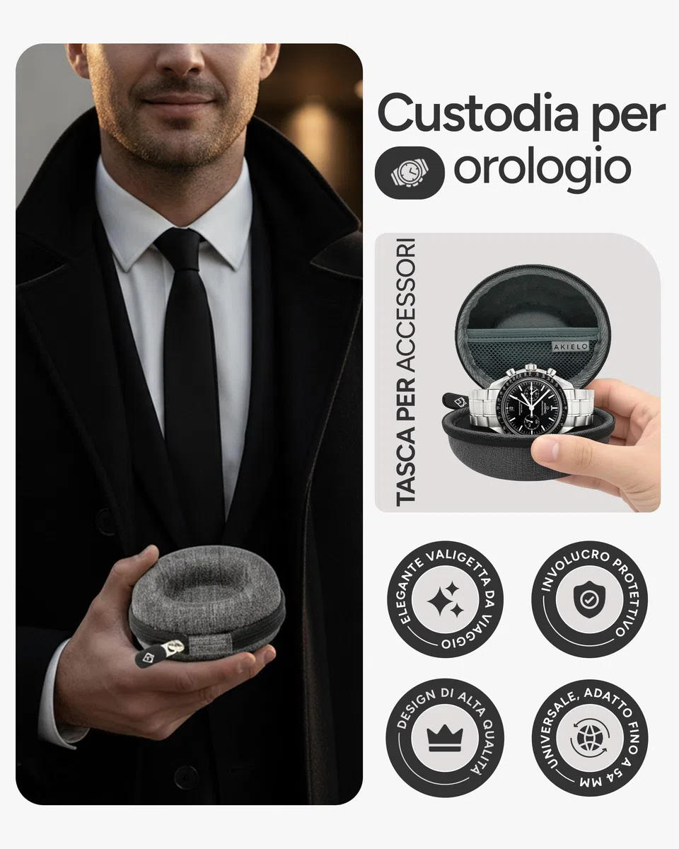 AKIELO Custodia Porta Orologi – Custodia da Viaggio per Orologi Uomo e Donna con Panno per la Pulizia in Cofanetto Regalo – Per Orologi e Smart Watch fino a 54 mm (Edizione Grigio Carbone)
