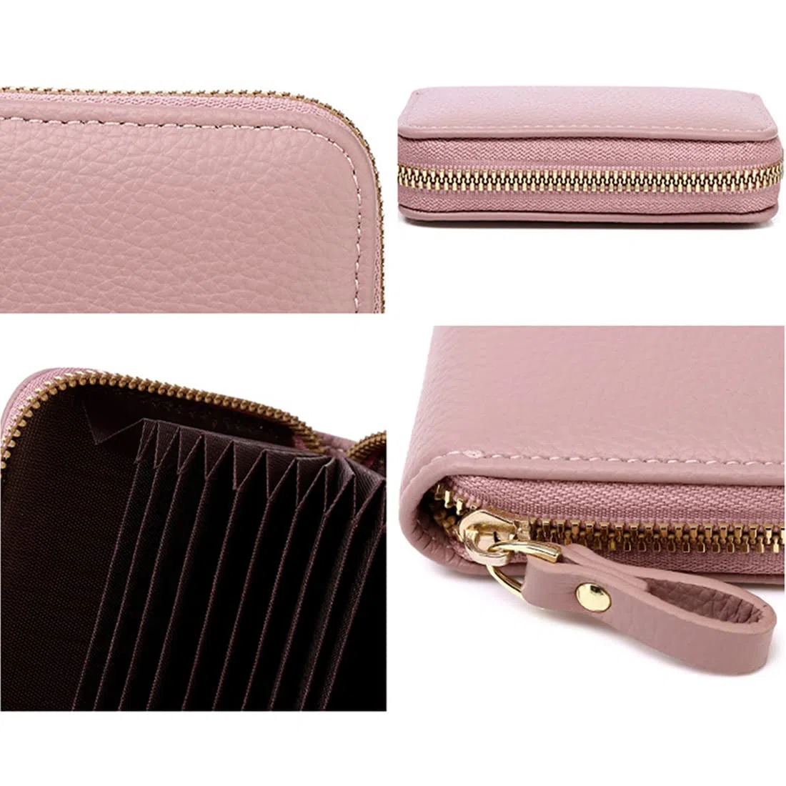 Porta carte di credito in pelle con blocco RFID, per carte di credito e banconote, con chiusura a zip in acciaio inox - Rosa