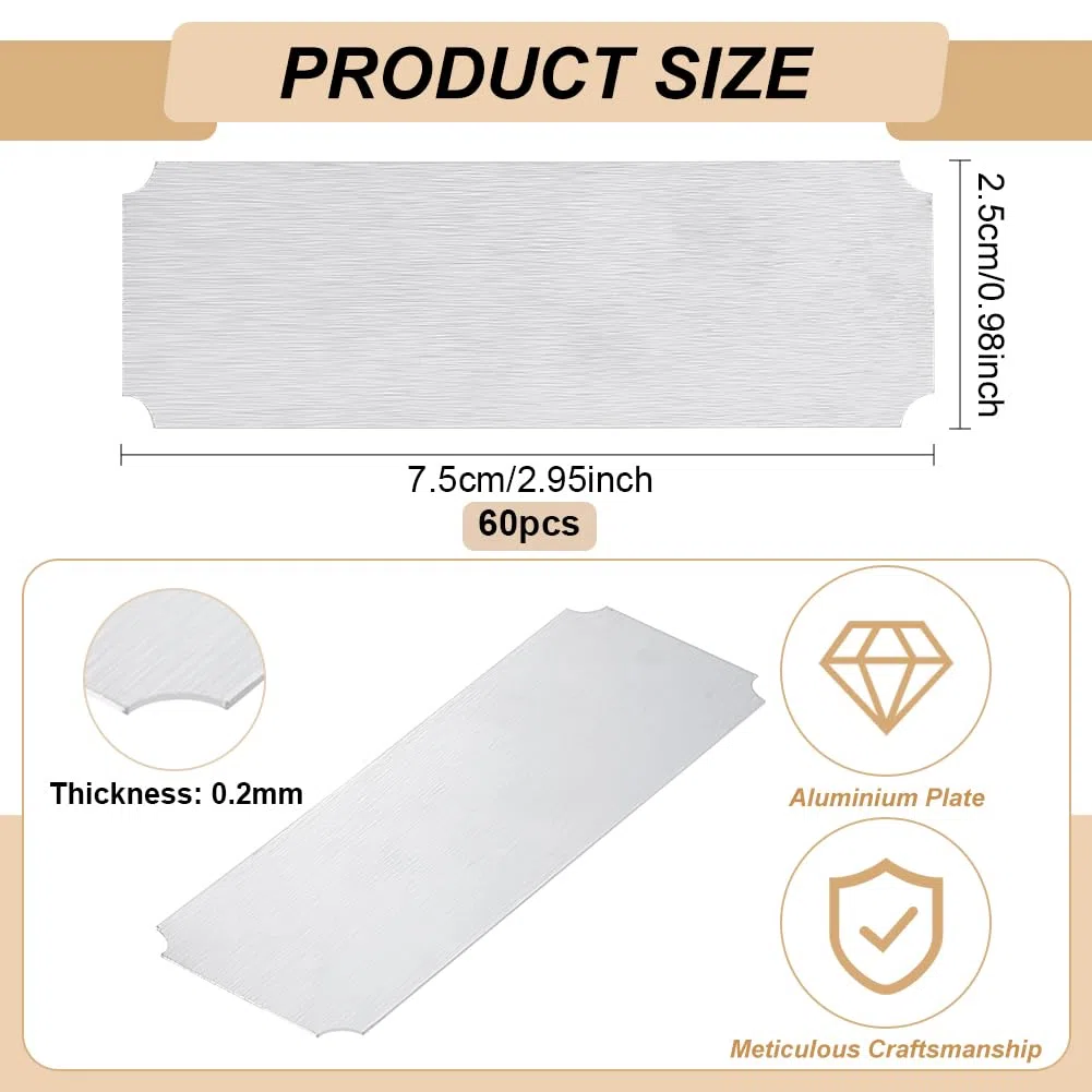 BENECREAT 60 Etichette Vuote in Alluminio, 7,5 x 2,5 cm, Con Incisione Laser, Rettangolare, per Collane, Bracciali, Marchi di Cani