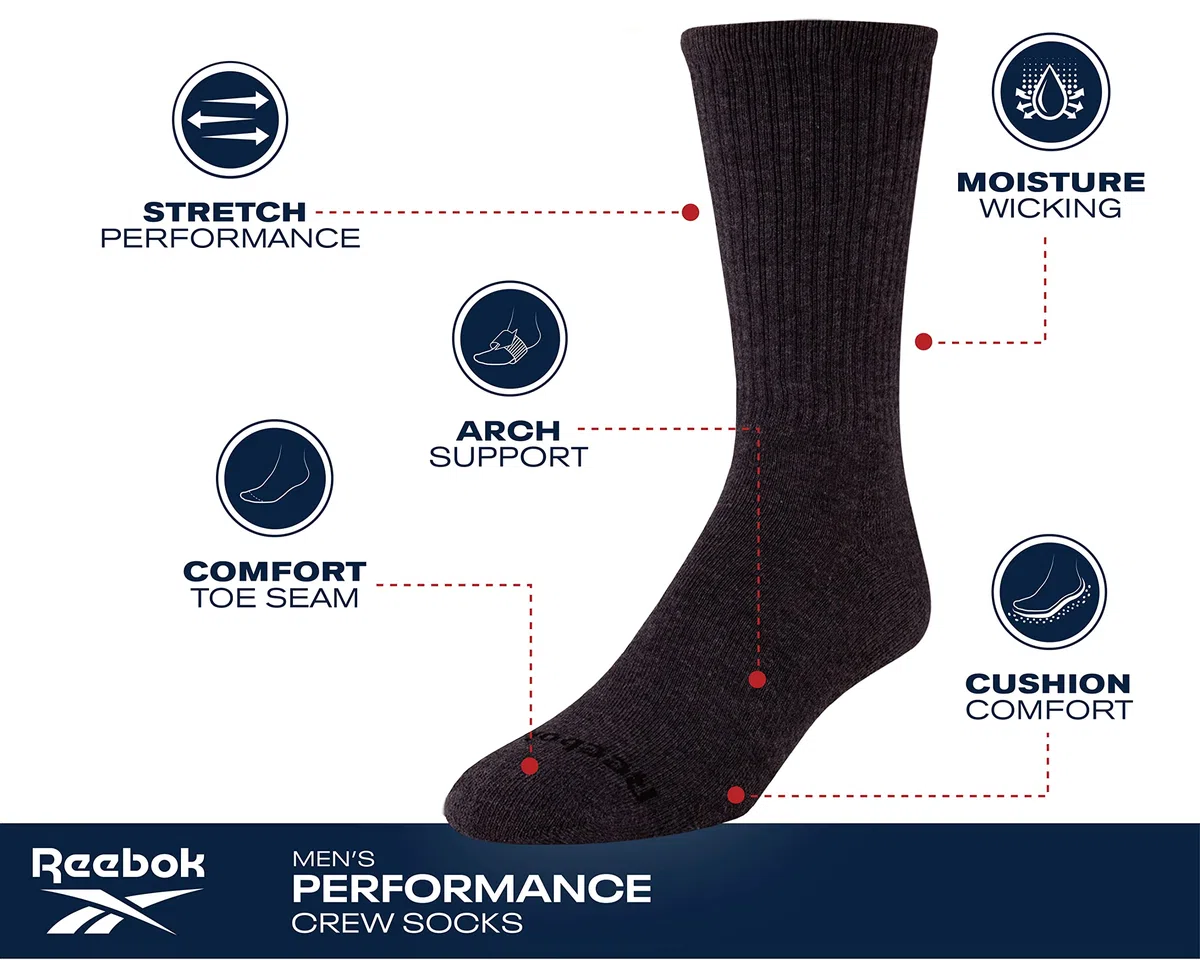 Reebok - Calzini da uomo con imbottitura per il controllo dell'umidità (confezione da 10)