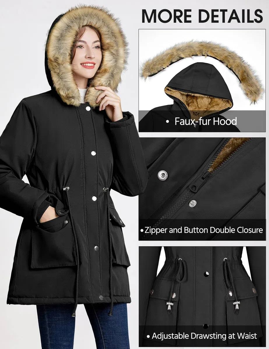 Xnova Cappotto Donna Invernale, Parka Impermeabile con Cappuccio Antivento, Media Lugghezza Giacca Foderato in Pile Pelliccia Sintetica Caldo ed Elegante Cappotti per Outdoor Autunno Inverno