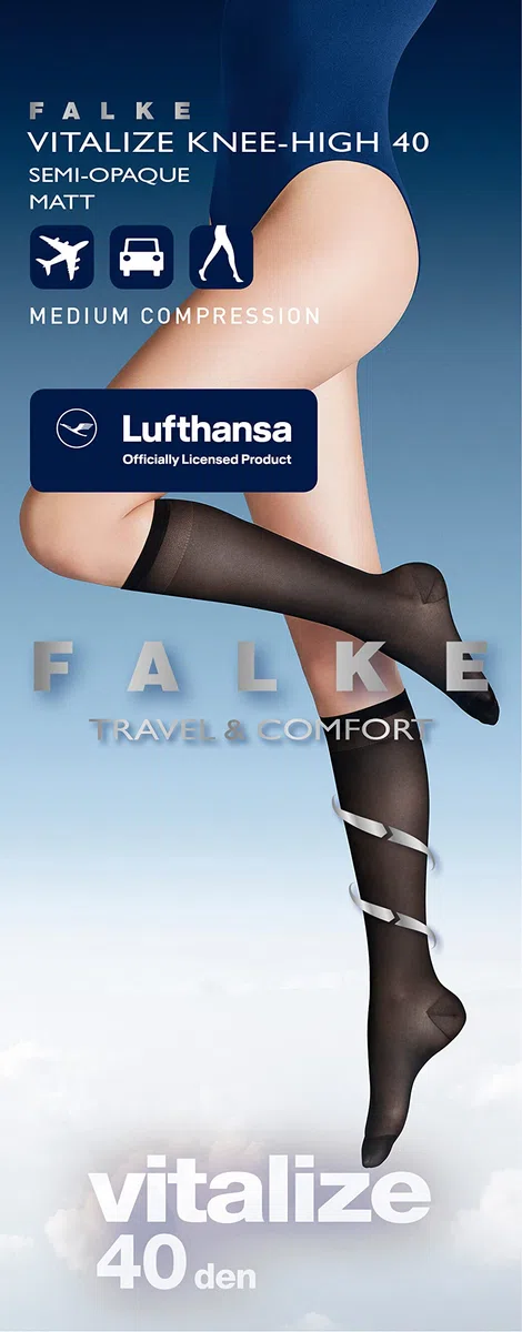 FALKE Lufthansa Travel & Comfort donna Vitalize 40 DEN calzini lunghi filo sottile morbido semi-coprenti compressione media ideali per viaggiare posizioni di seduta 1 paio