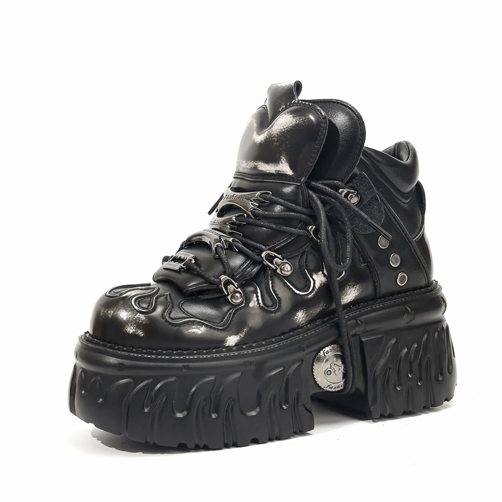 Stivali con Plateau Gotici da Donna, Scarpe Stile Punk Rock Heavy Metal Stivaletti Stringati Chunky con Design a Fiamma e Dettagli in Metallo