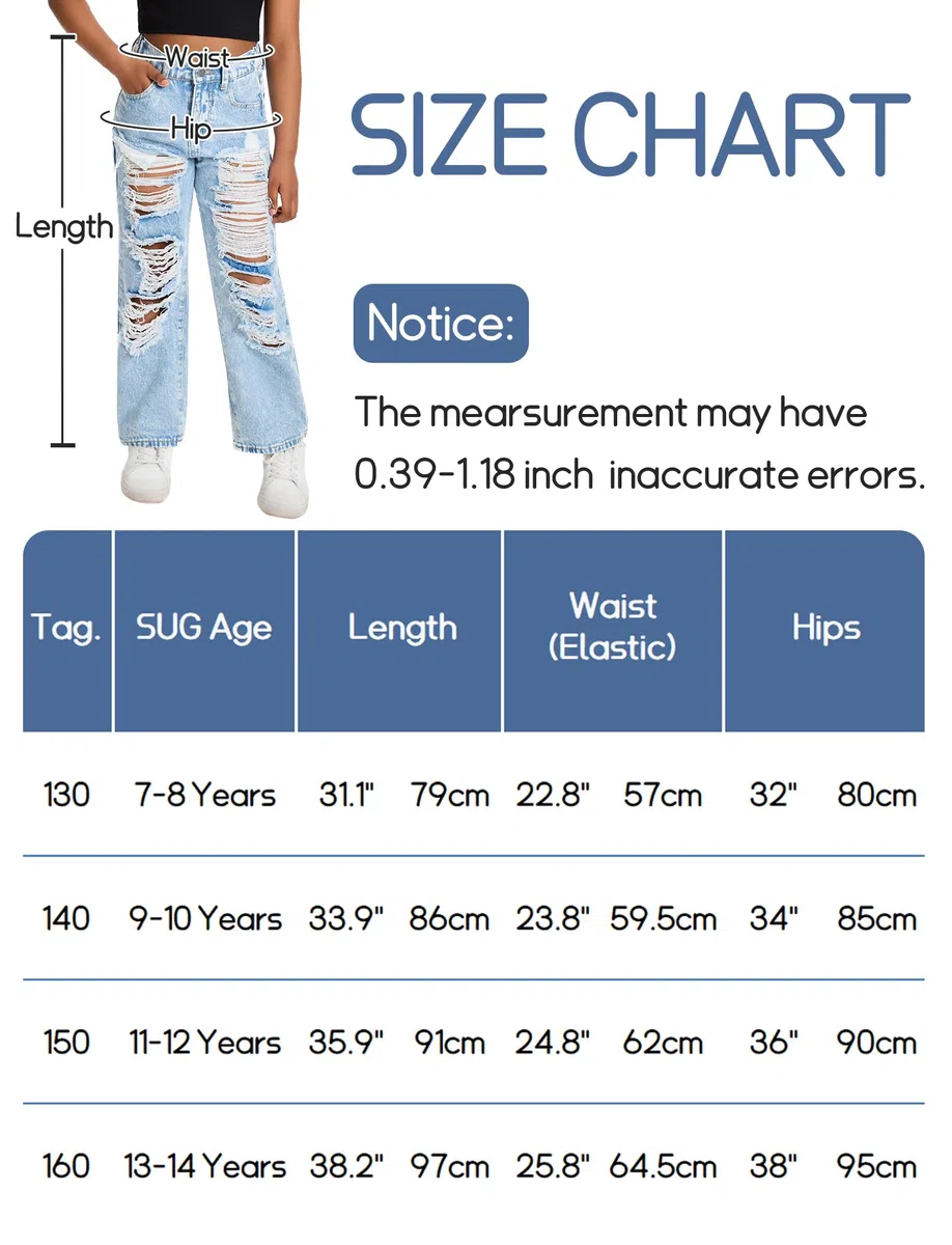 Maeau Jeans casual a gamba larga da ragazza con elastico in vita pantaloni in denim strappati larghi per bambini pantaloni in denim invecchiato vestibilità ampia