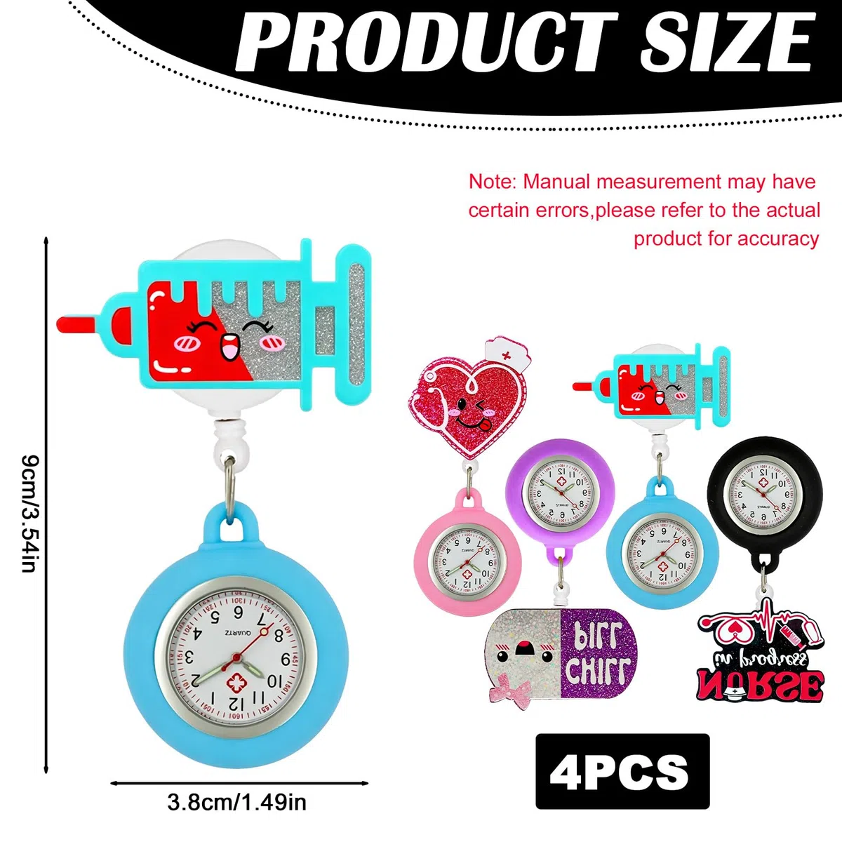 4 orologi da infermiera estensibili, in silicone, con puntatore luminoso, comodo orologio da tasca per medico, infermiera, studente, donna, uomo, infermiera e ragazza