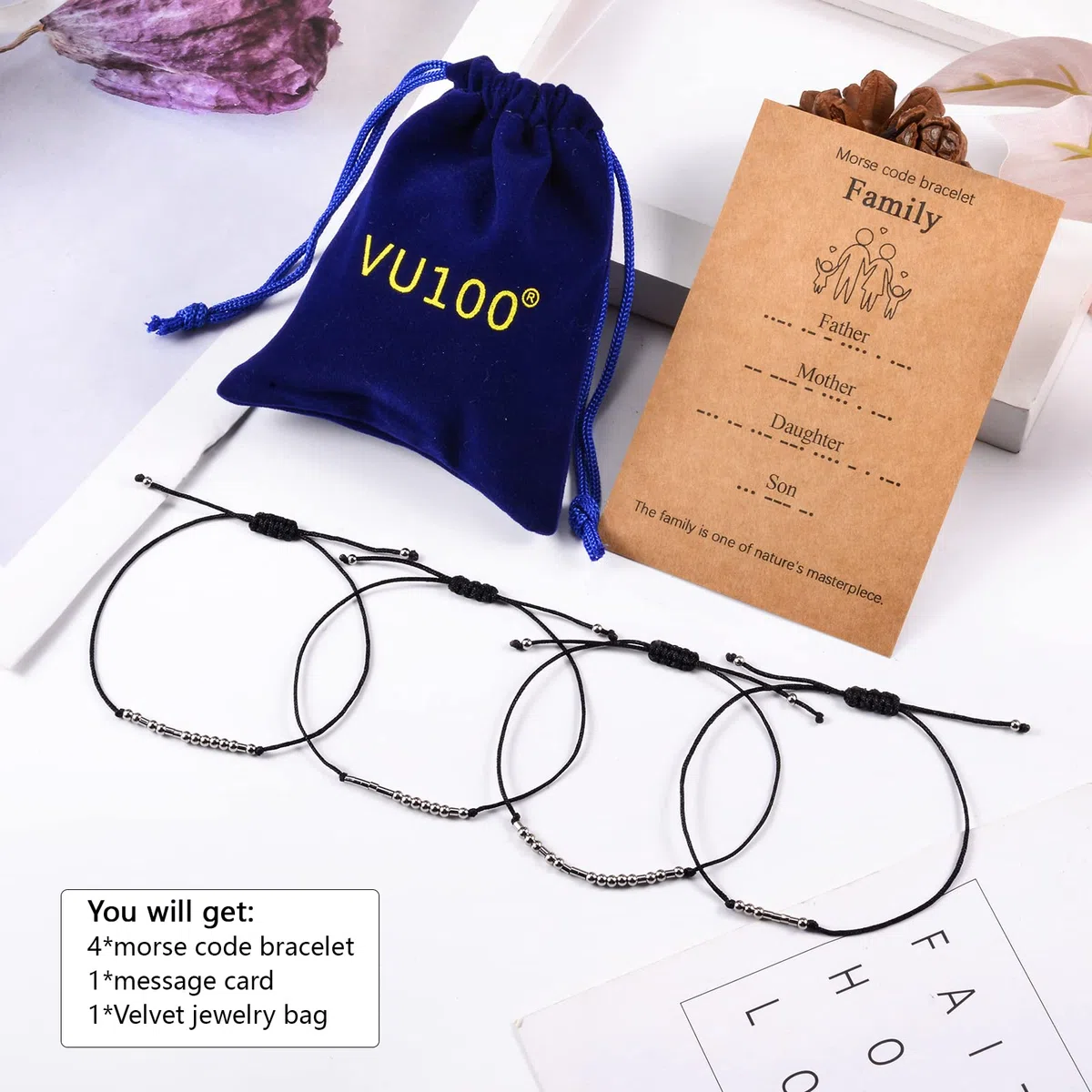 VU100 2/3/4 Codice Morse Bracciale Set Regalo Festa del Papà Regalo Gioielli Fatti A Mano Formato Regolabile Fatto A Mano per Papà Mamma Figlio Figlia Famiglia