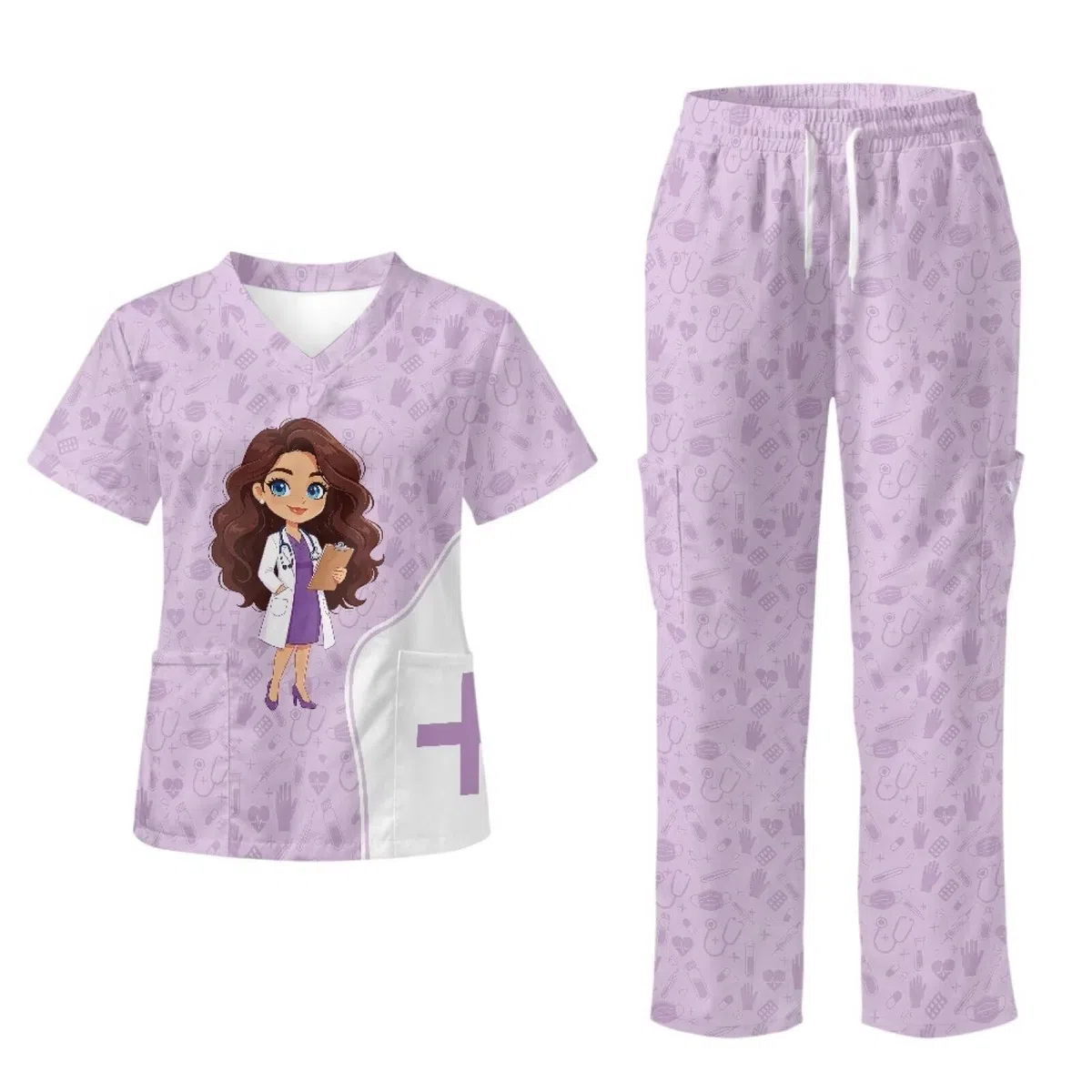 Set di scrub da donna con stampa medica, taglie forti, traspirante, slim fit, scrub medico per infermieri, veterinari tecnici e personale pediatrico, viola