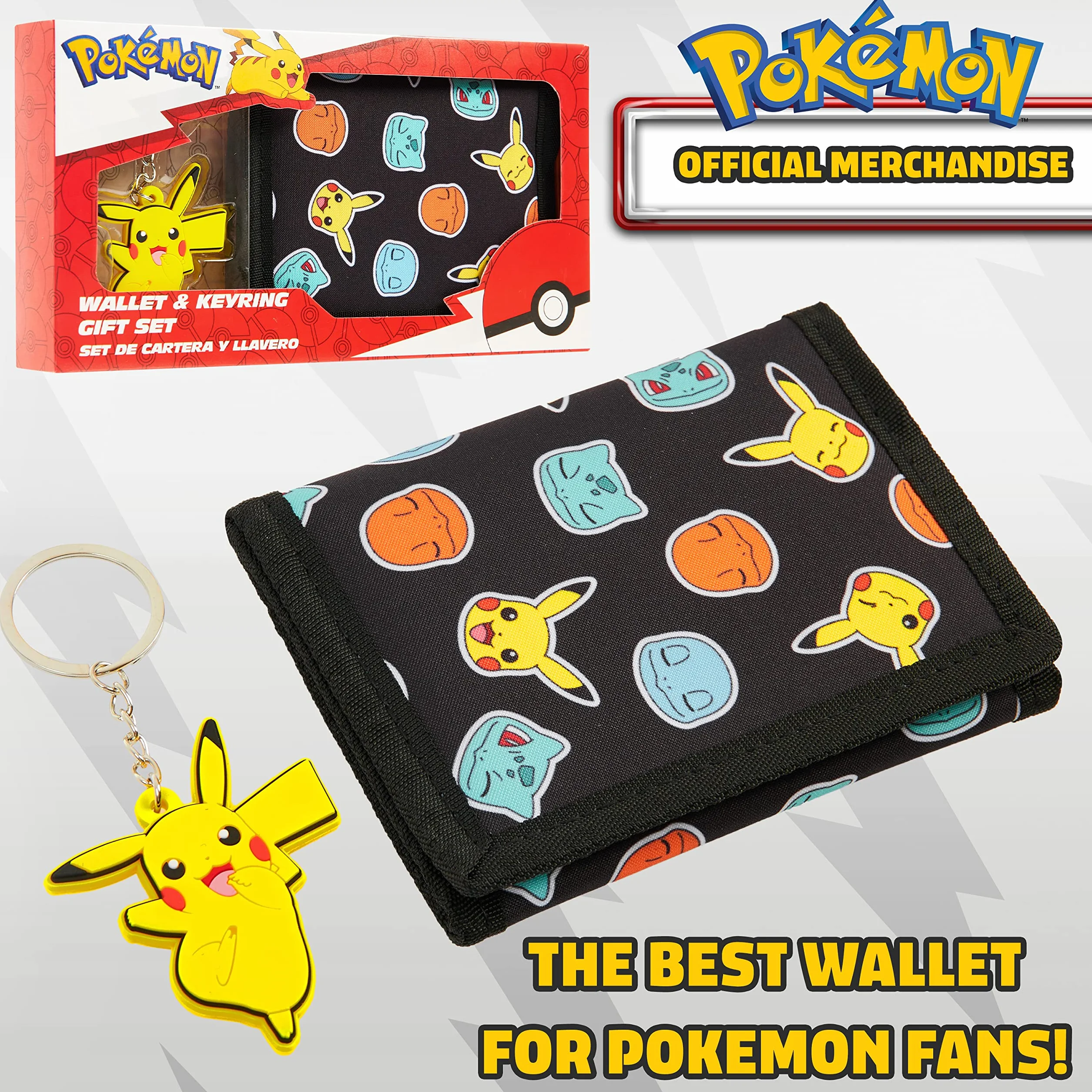 Pokémon Portafoglio Bambino Pikachu Portafogli Ragazzo Trifold con Porta Carta D'identità Portamonete Bambino e Anello Portachiavi Divertenti (Nero/Giallo)