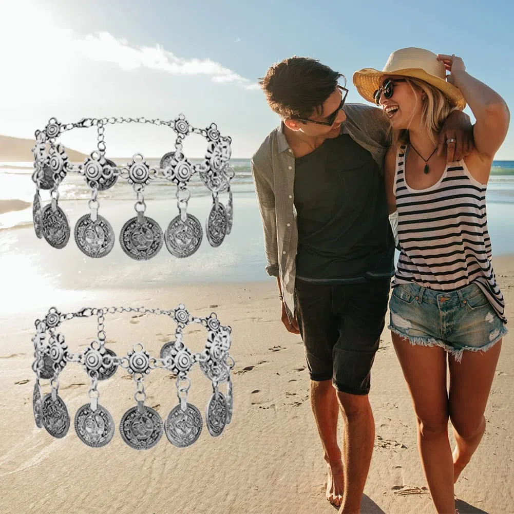 2 PZ Donne Spiaggia Cavigliera Tribale Etnica Moneta Nappa Zingari Cavigliere Catena Regolabile Boho Cavigliere Catena Dei Piedi Gioielli