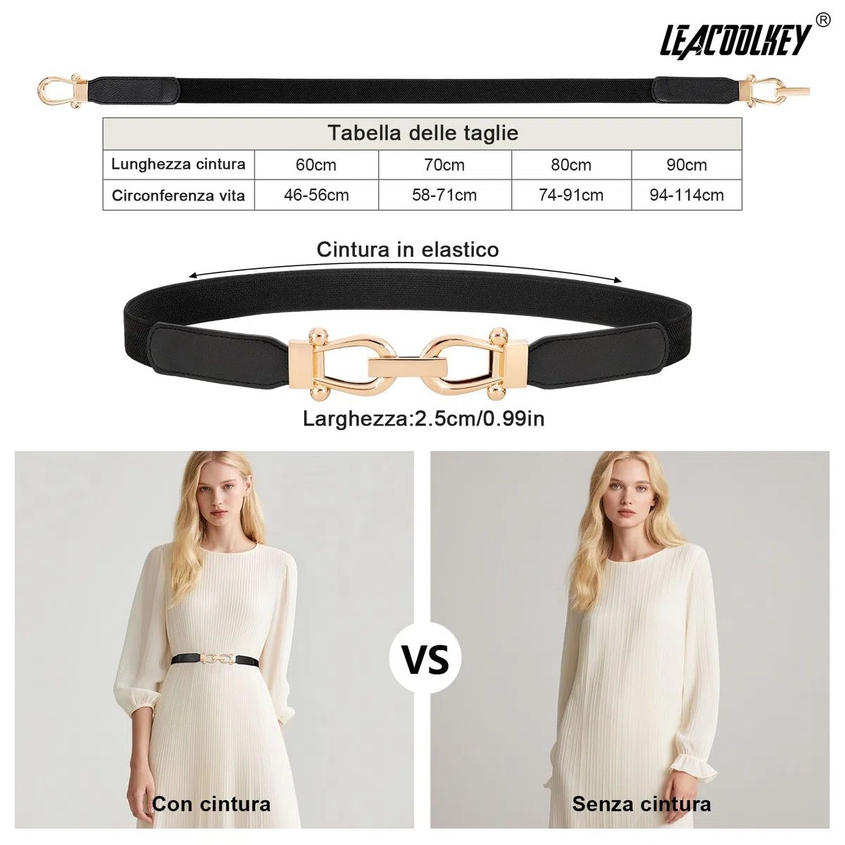 LEACOOLKEY Set da 3 cinture elastiche donna eleganti, cintura donna sottili con fibbia dorata, cintura elastica da donna in stile vintage per jeans e abiti