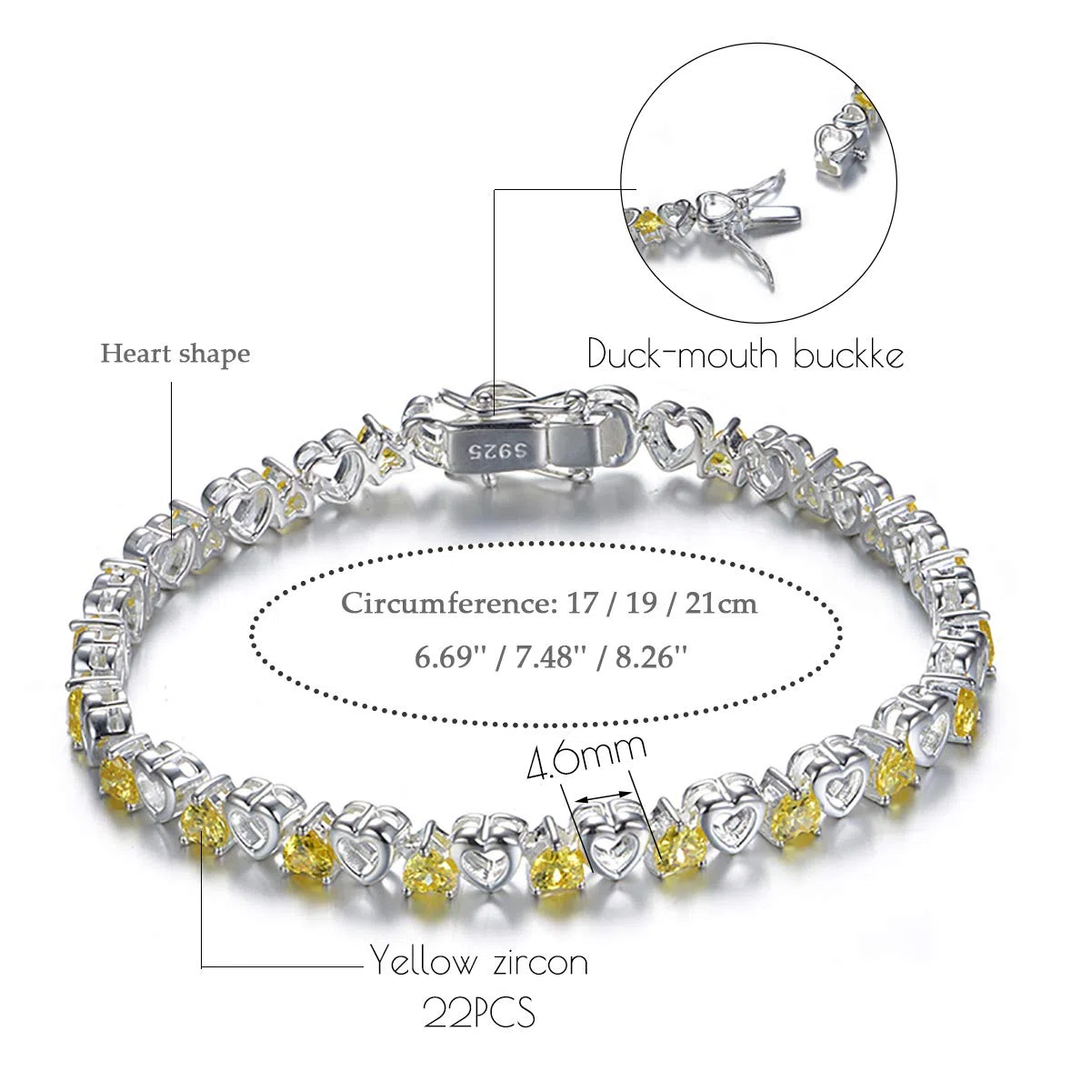 Bracciale da donna in argento S925, con zirconi gialli, bracciale con cristalli, per donne e ragazze
