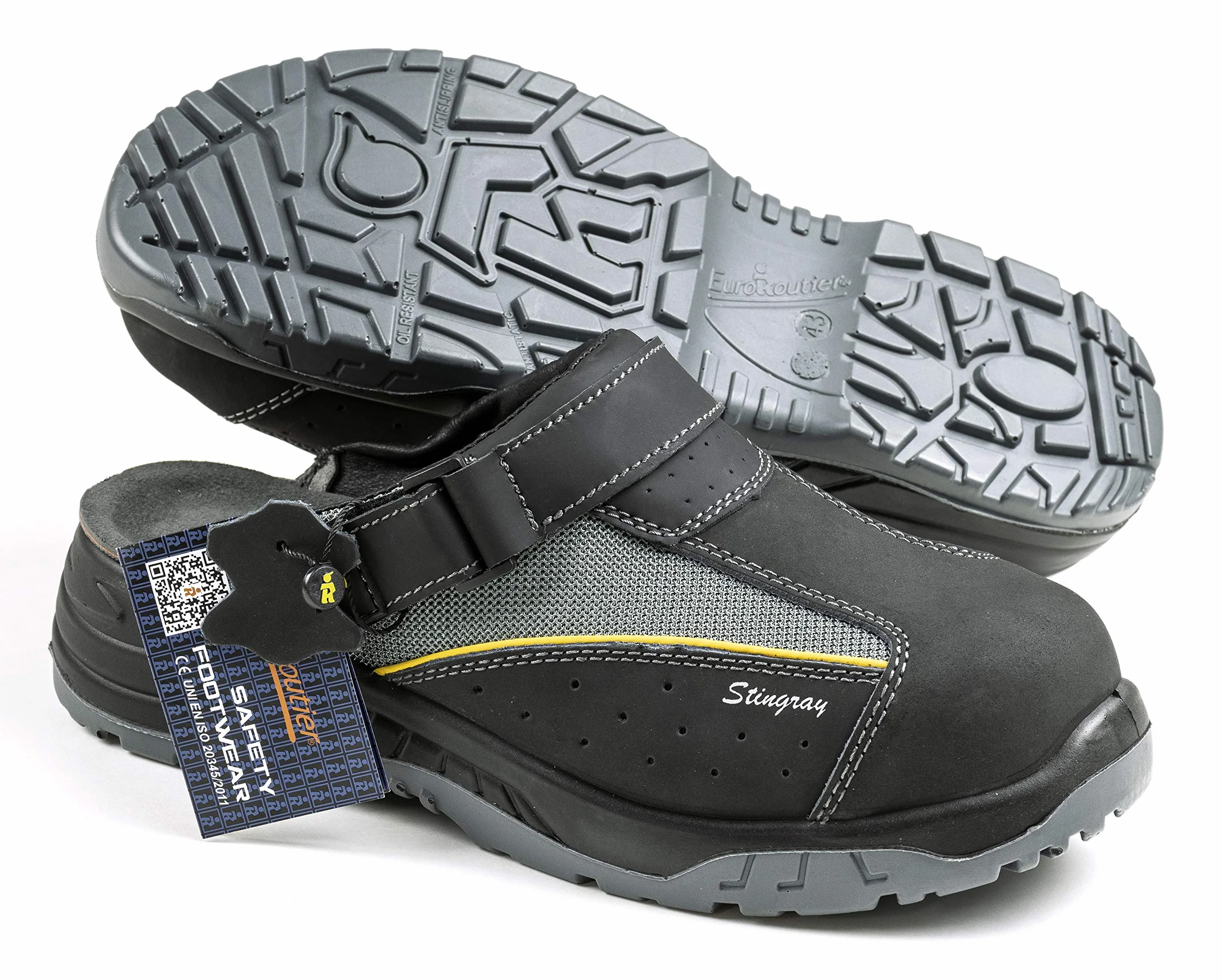 EUROROUTIER Stingray Black Leather, Zoccoli Scarpe Antinfortunistiche Certificate CE EN ISO SB+A+E+FO+SRC