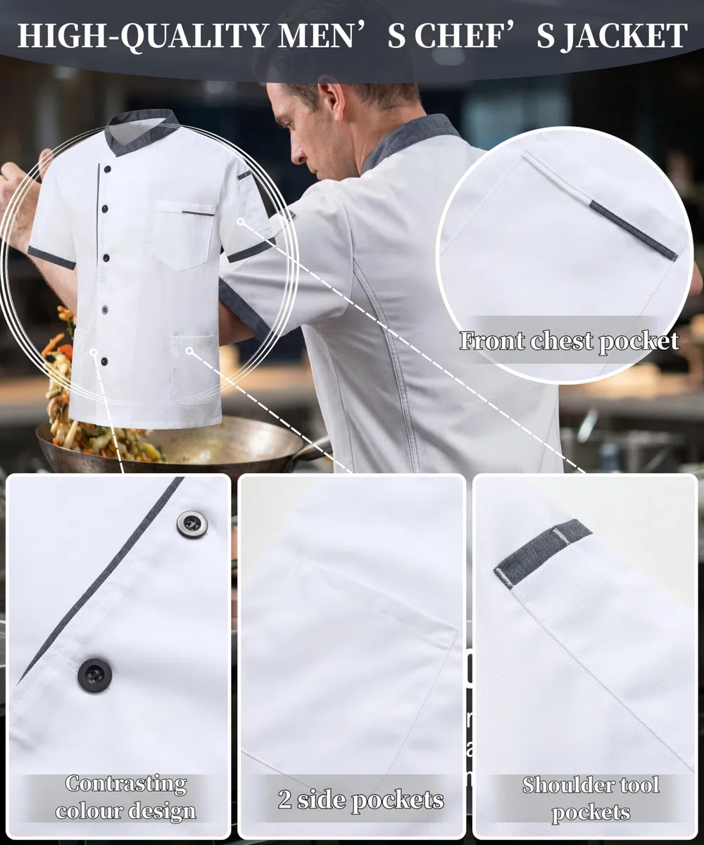 Giacca da Cuoco da Uomo in Cotone Traspirante Ristorante Divisa Maniche Corte Leggera Uniforme Cuoco Professionale Ristorante Giacca per Hotel Panetteria