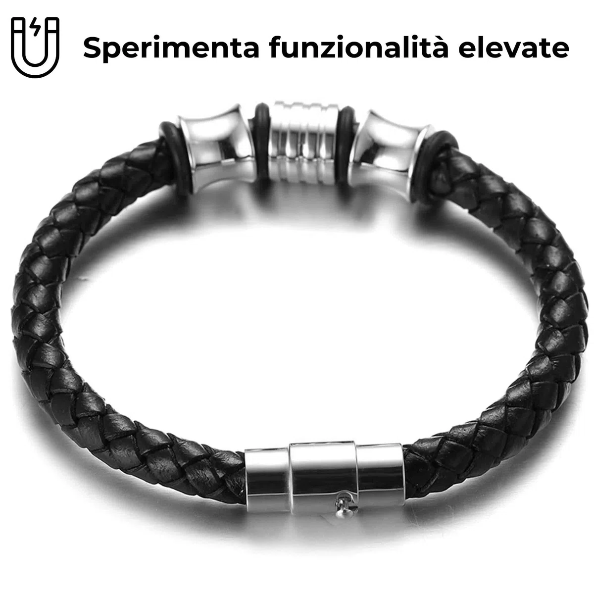 HALUKAKAH Bambini ● Solo Onore Junior ● Bracciale Ragazzo Maschio in Vera Pelle Cuoio Nero 6-12 Anni Perle in Oro Argento Titanio Acciaio Chiusura Magnetica 7"(18cm) con Pacco Regalo Gratuita