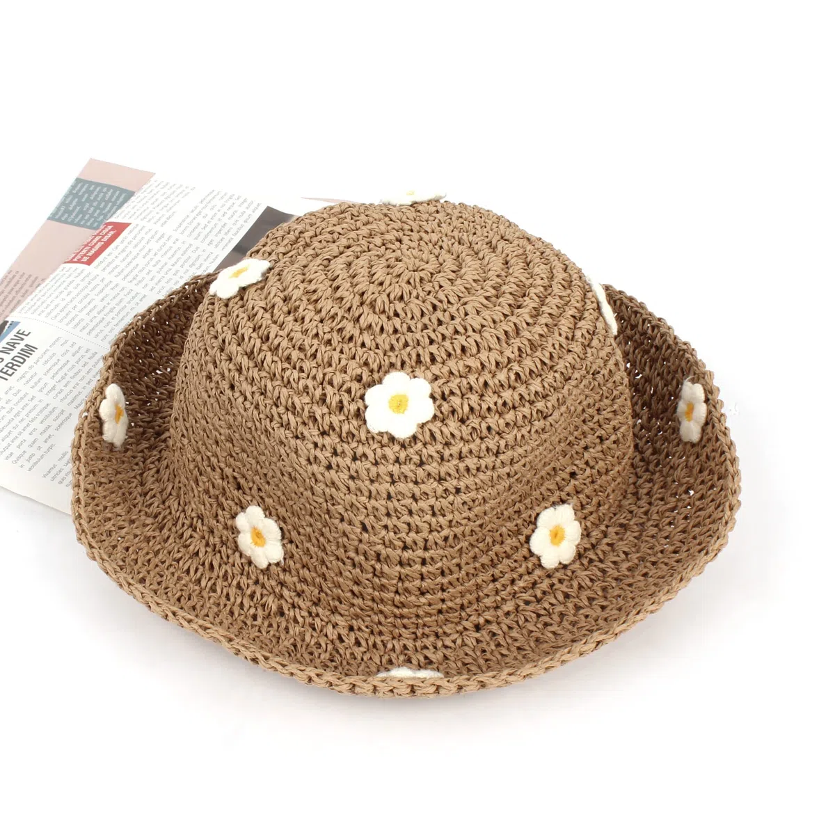 Cappello di paglia da donna, pieghevole, regolabile, estivo, in paglia, con fiori, da spiaggia, a tesa larga